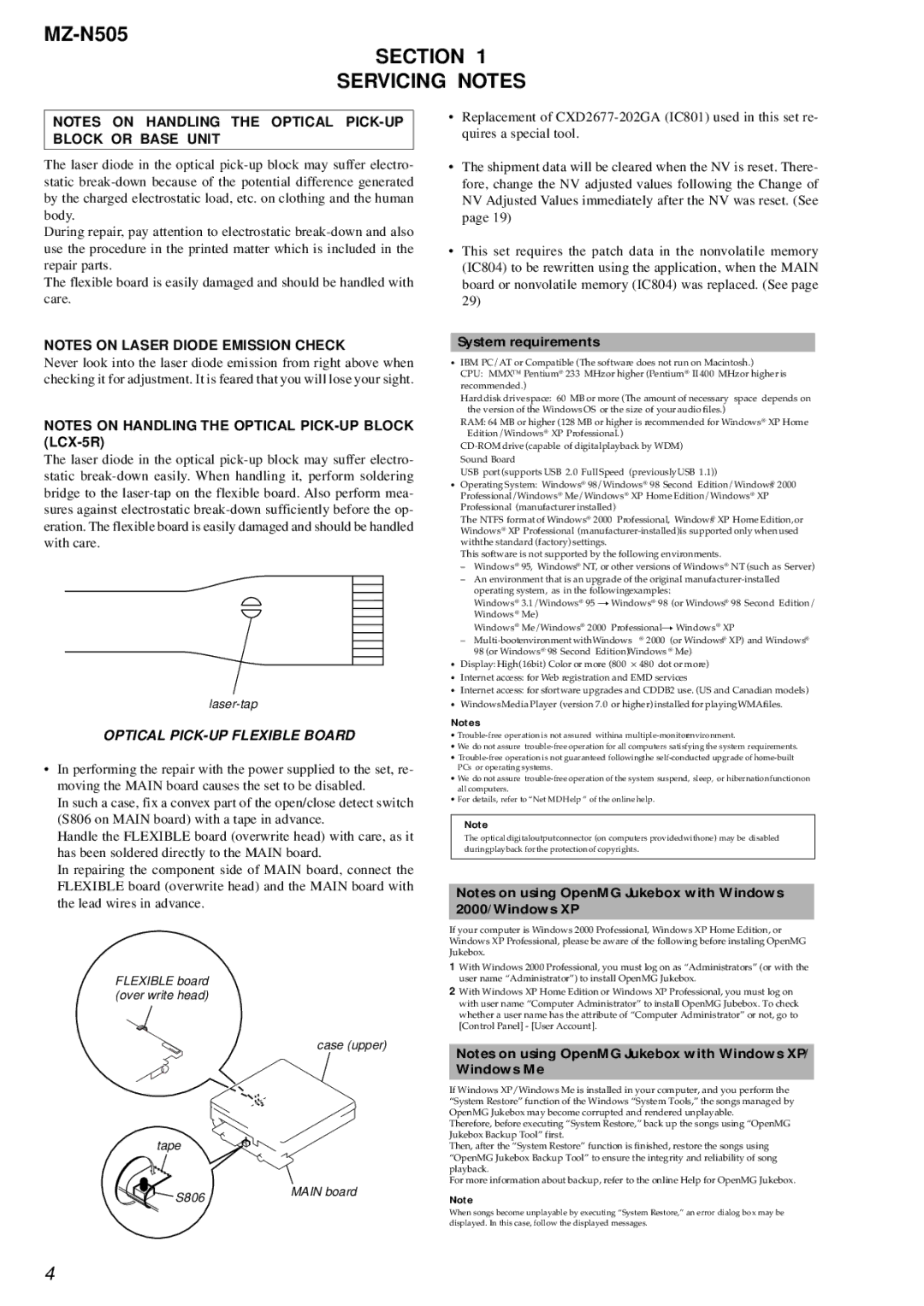 Sony MZ-N505 service manual Section Servicing Notes, Optical PICK-UP Flexible Board 