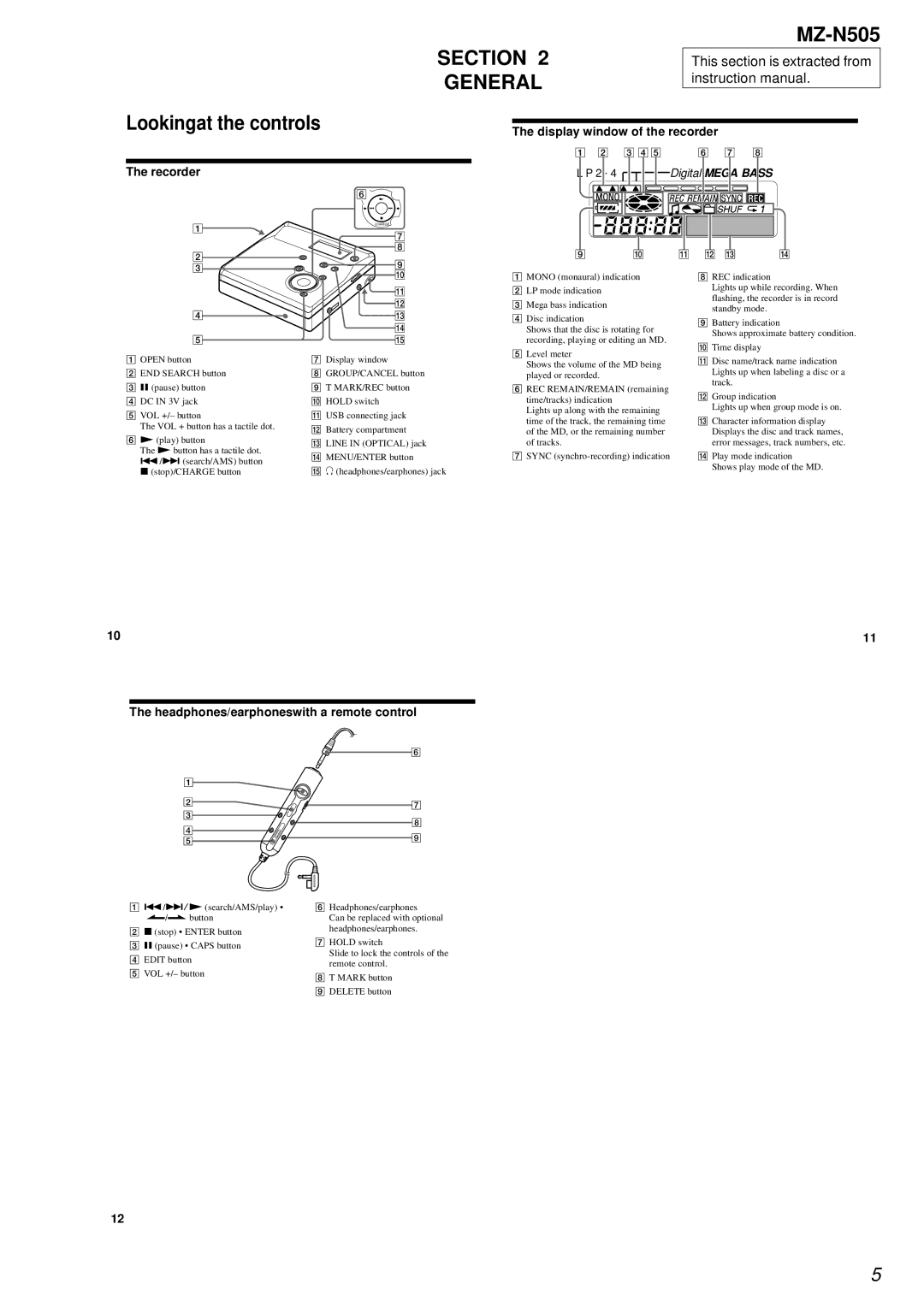 Sony service manual Section General, MZ-N505 Lookingat the controls 