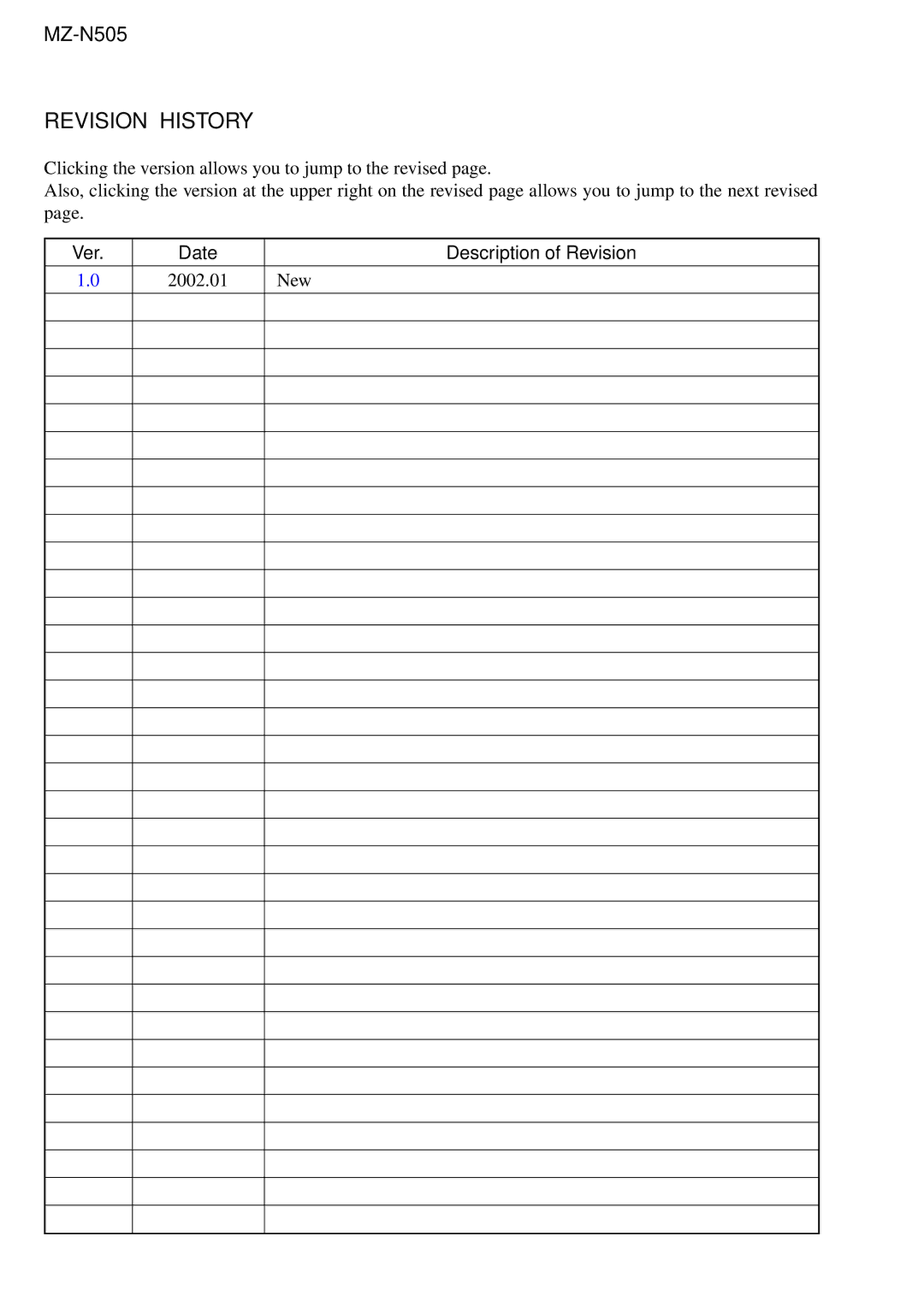 Sony MZ-N505 service manual Revision History 