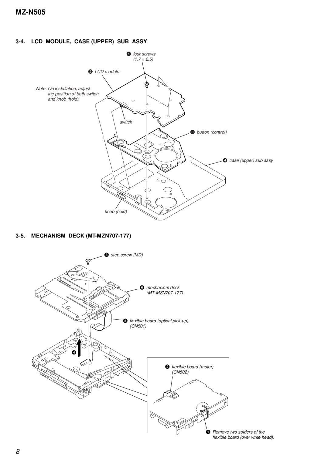 Sony MZ-N505 service manual LCD MODULE, Case Upper SUB Assy, Mechanism Deck MT-MZN707-177 