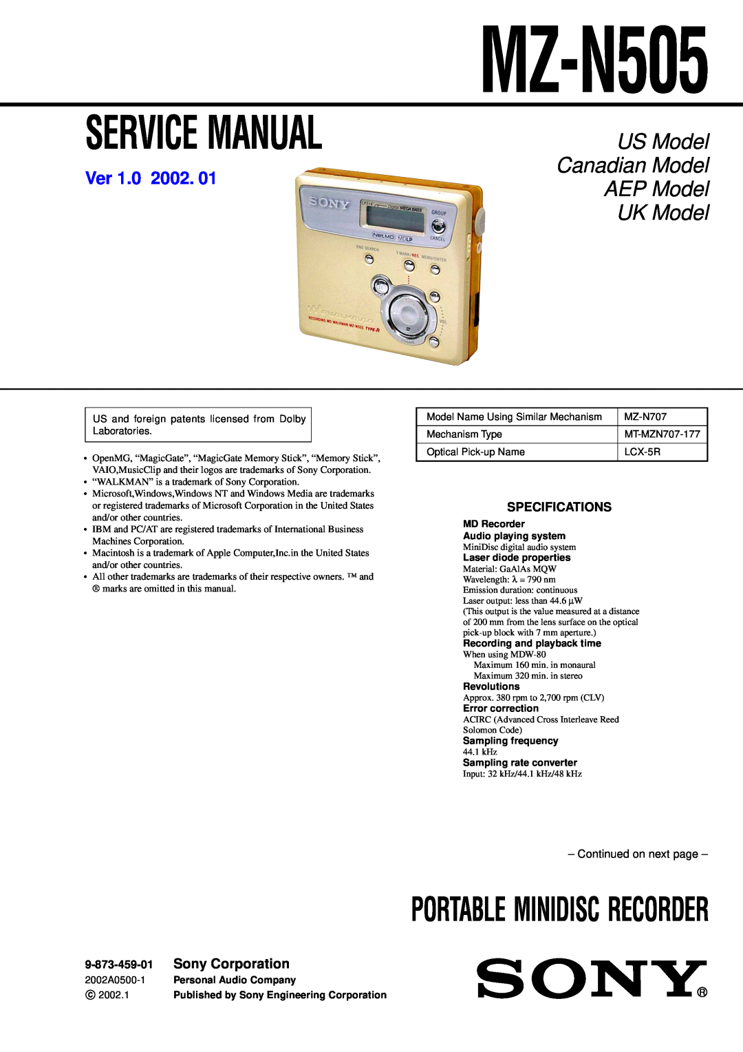 Sony MZ-N505 service manual Sony Corporation, Specifications, Portable Minidisc Recorder, US Model, Canadian Model, Ver 
