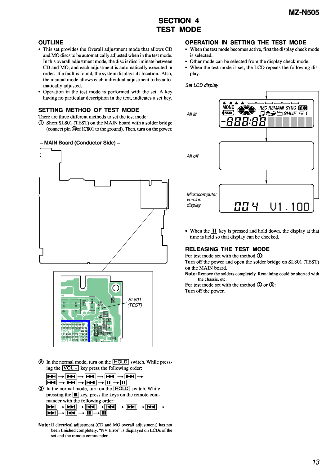 Sony V1.100, MZ-N505 SECTION TEST MODE, Outline, Setting Method Of Test Mode, Operation In Setting The Test Mode 