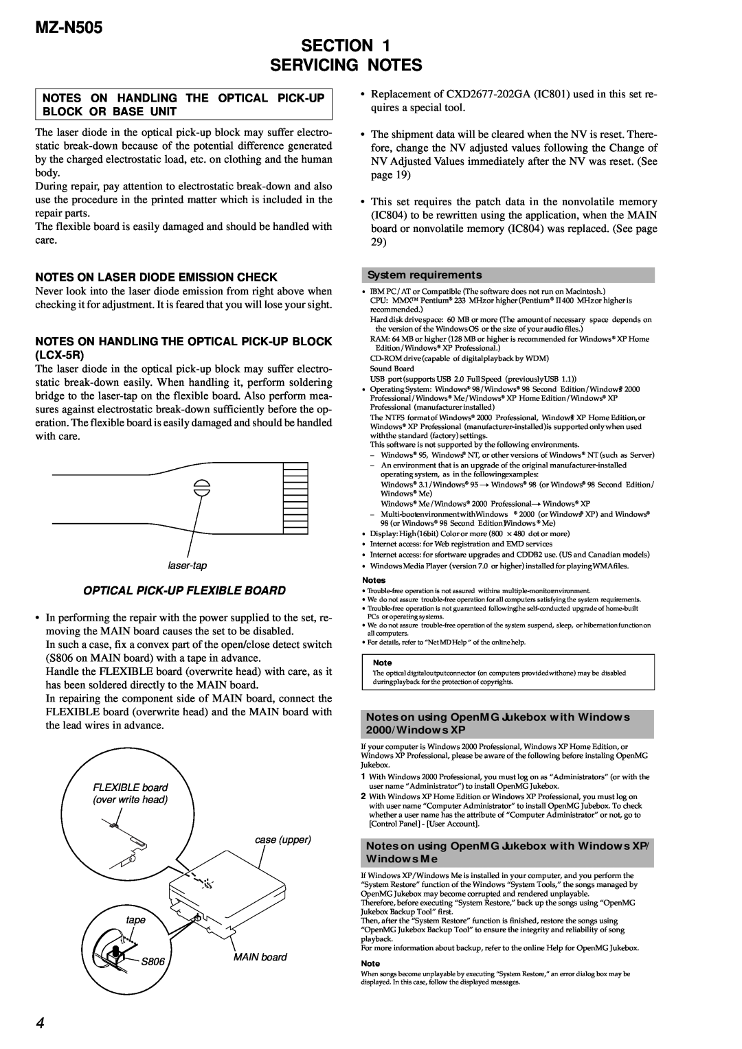Sony service manual MZ-N505 SECTION SERVICING NOTES, Notes On Laser Diode Emission Check, Optical Pick-Upflexible Board 