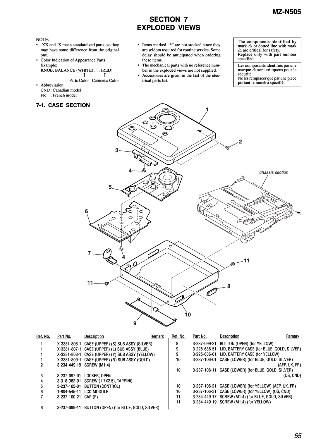 Sony MZ-N505 service manual Section Exploded Views, Case Section, 7 4 