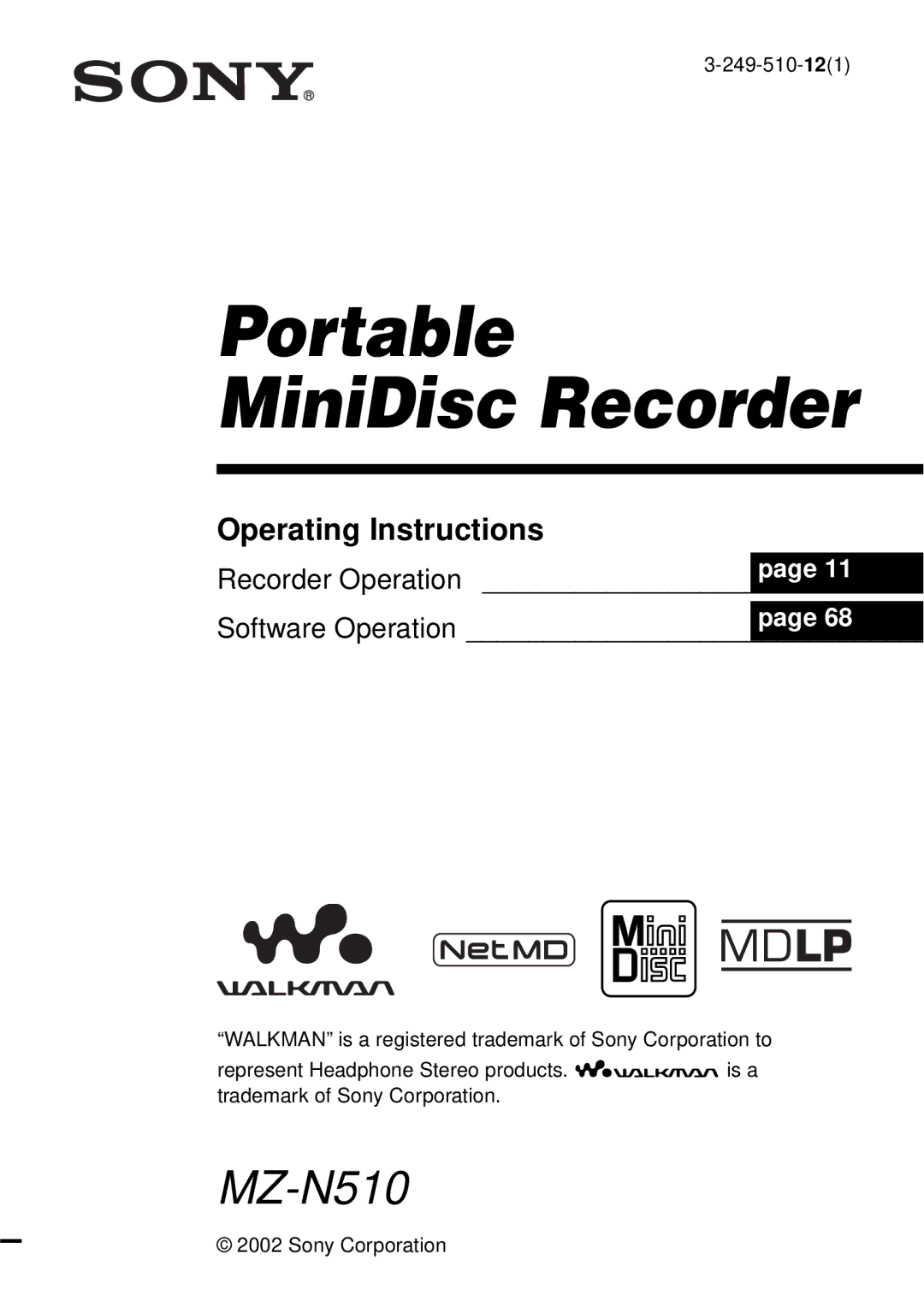 Sony MZ-N510 operating instructions Portable MiniDisc Recorder 