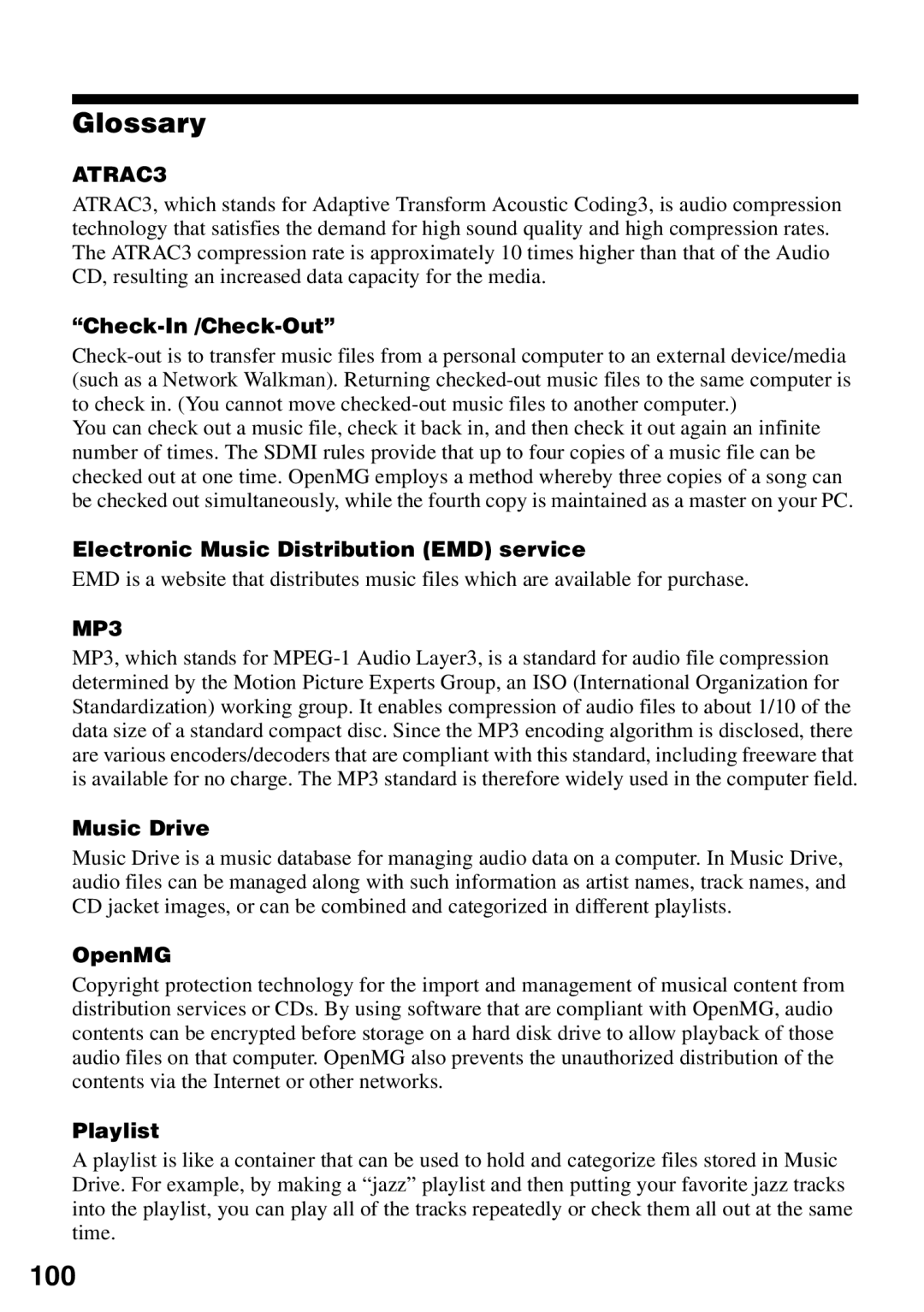 Sony MZ-N510 operating instructions Glossary, 100 