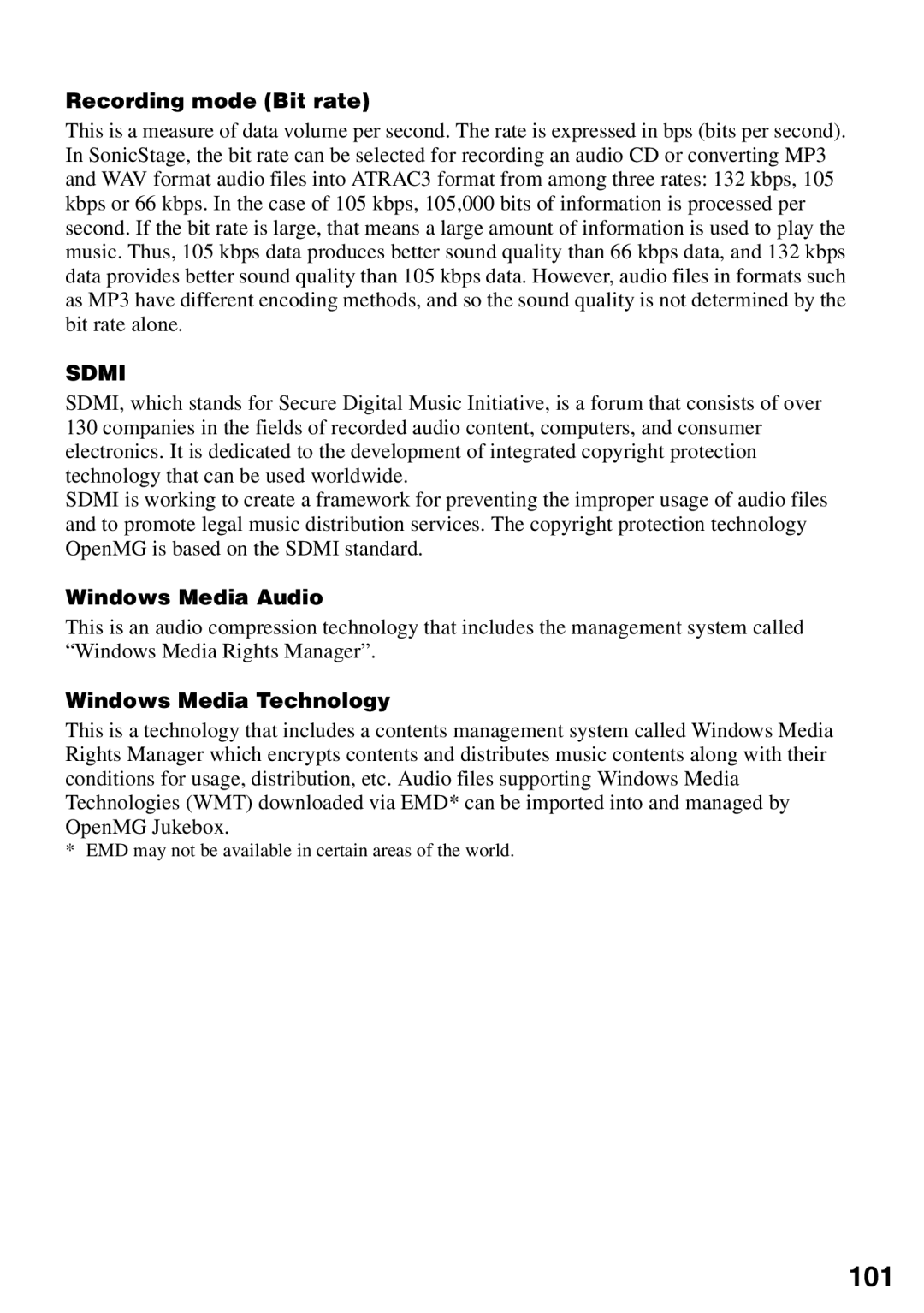 Sony MZ-N510 operating instructions 101, Recording mode Bit rate, Windows Media Audio, Windows Media Technology 