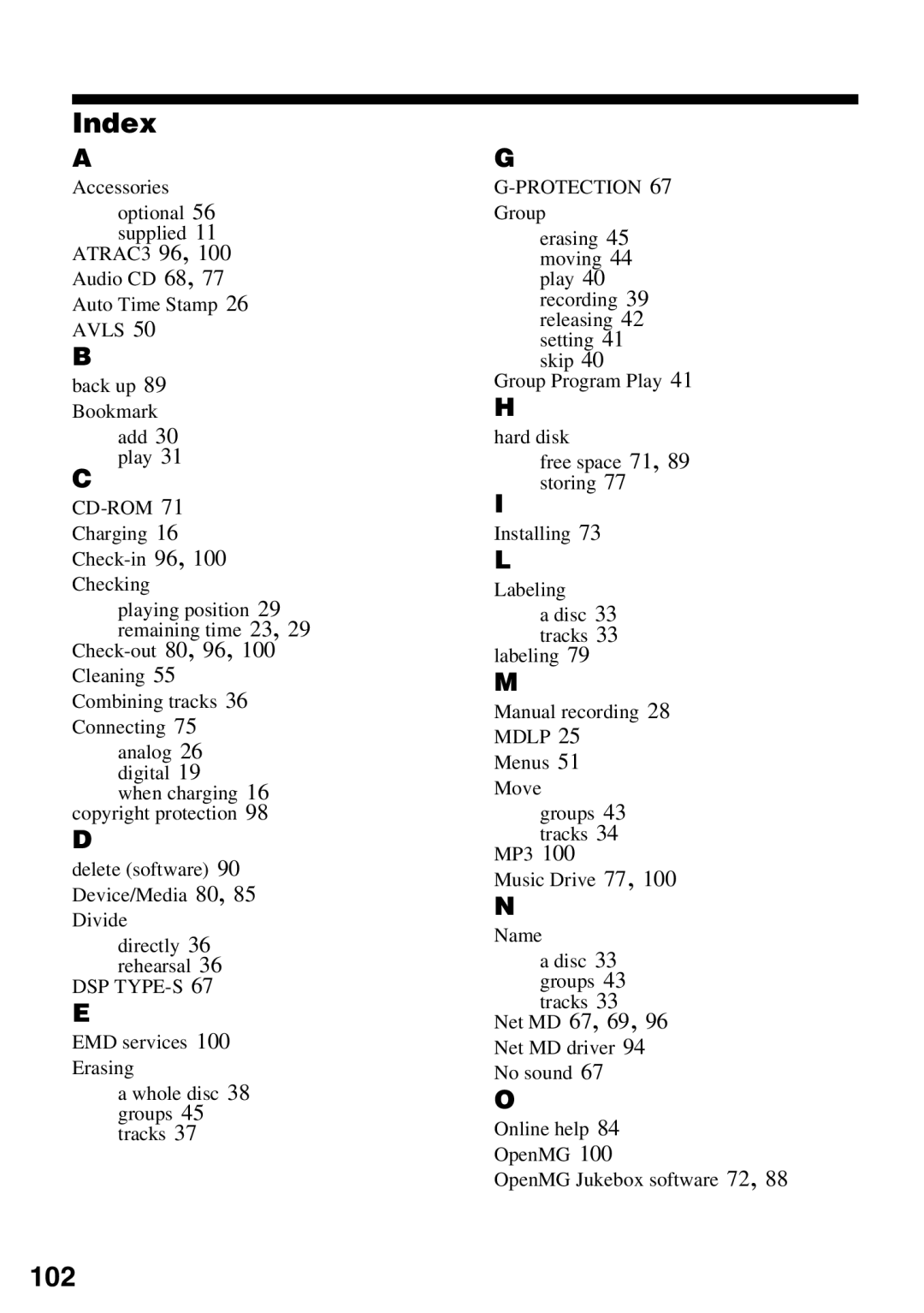 Sony MZ-N510 operating instructions Index, 102, Cd-Rom, Dsp Type-S 
