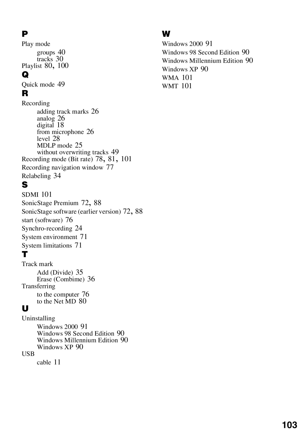 Sony MZ-N510 operating instructions 103, Track mark Add Divide 35 Erase Combime Transferring, Usb 