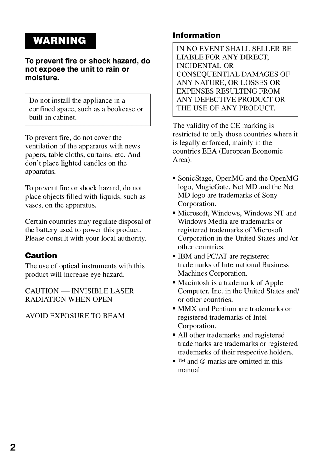 Sony MZ-N510 operating instructions Avoid Exposure to Beam, Information 