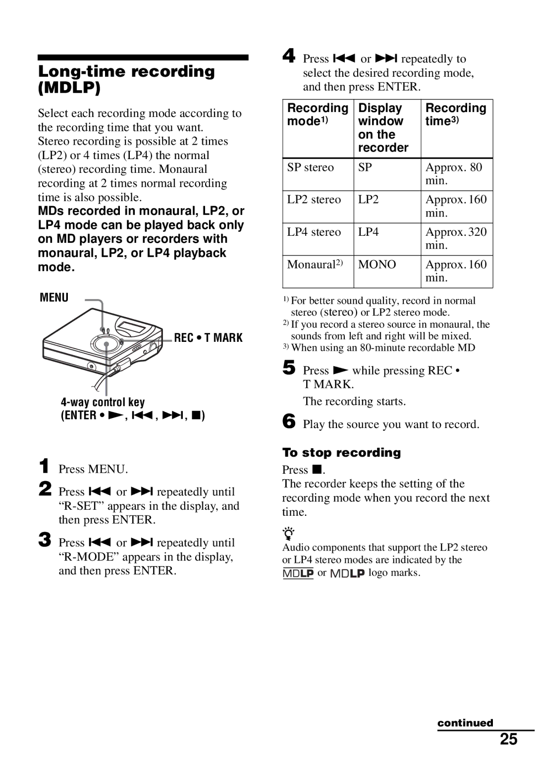 Sony MZ-N510 operating instructions Long-time recording Mdlp, Recording Display Mode Window Time Recorder, LP2, LP4, Mono 