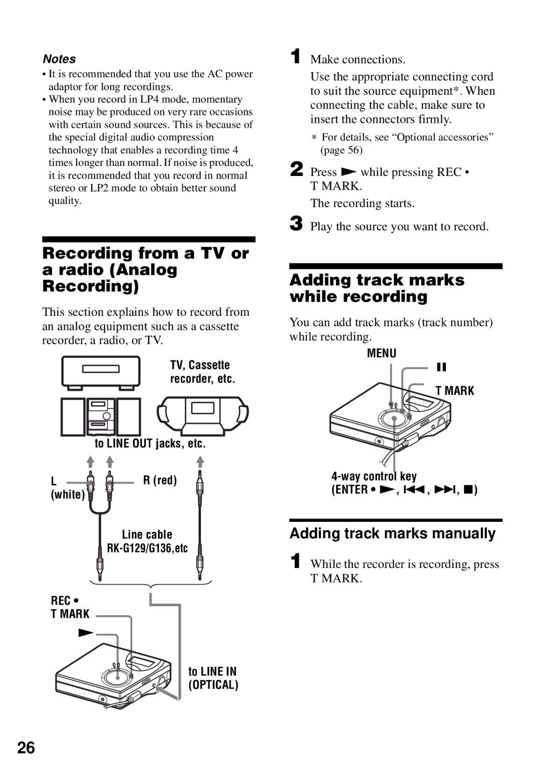 Sony MZ-N510 operating instructions Recording from a TV or a radio Analog Recording, Adding track marks while recording 