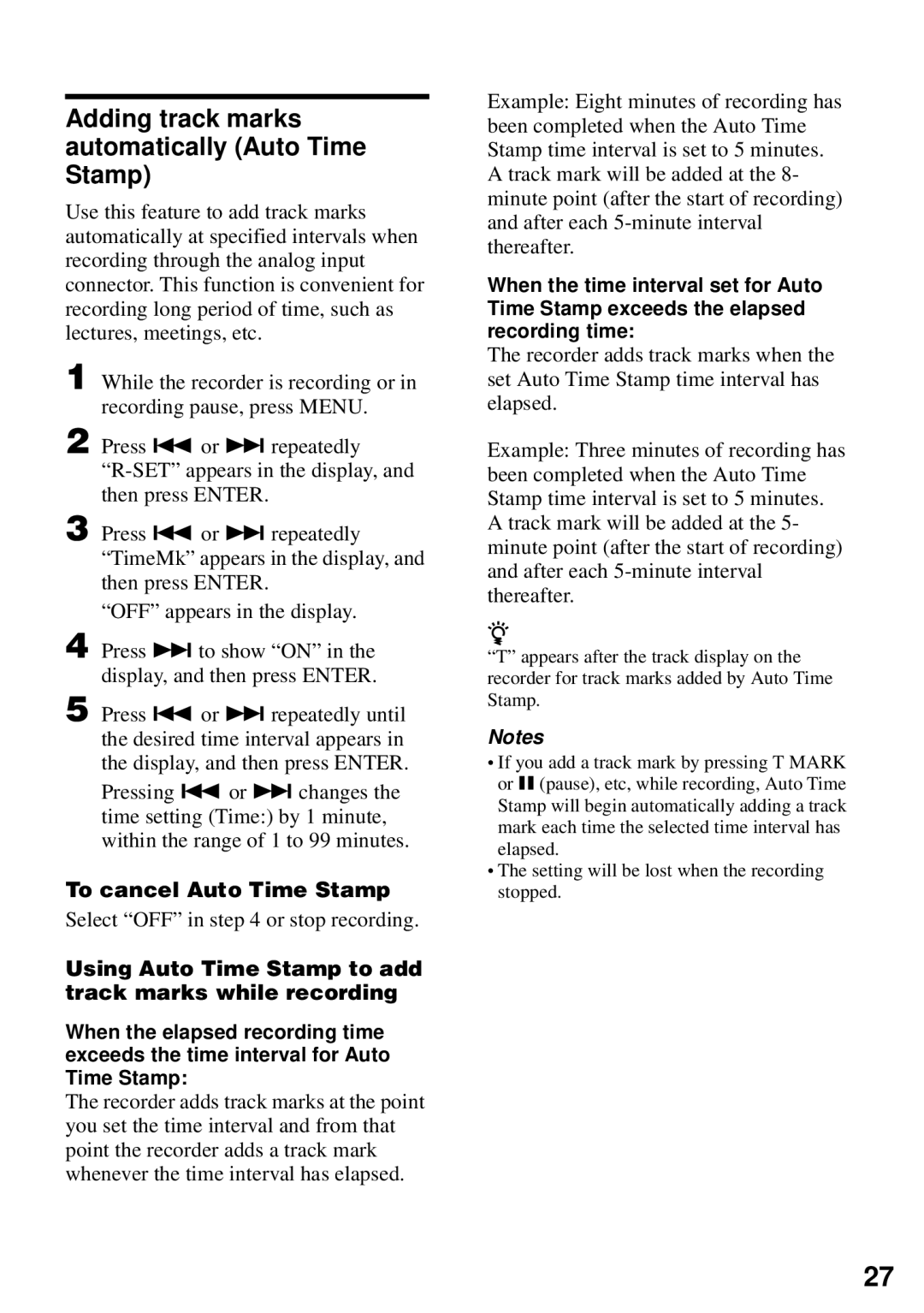 Sony MZ-N510 Adding track marks automatically Auto Time Stamp, To cancel Auto Time Stamp, Select OFF in or stop recording 