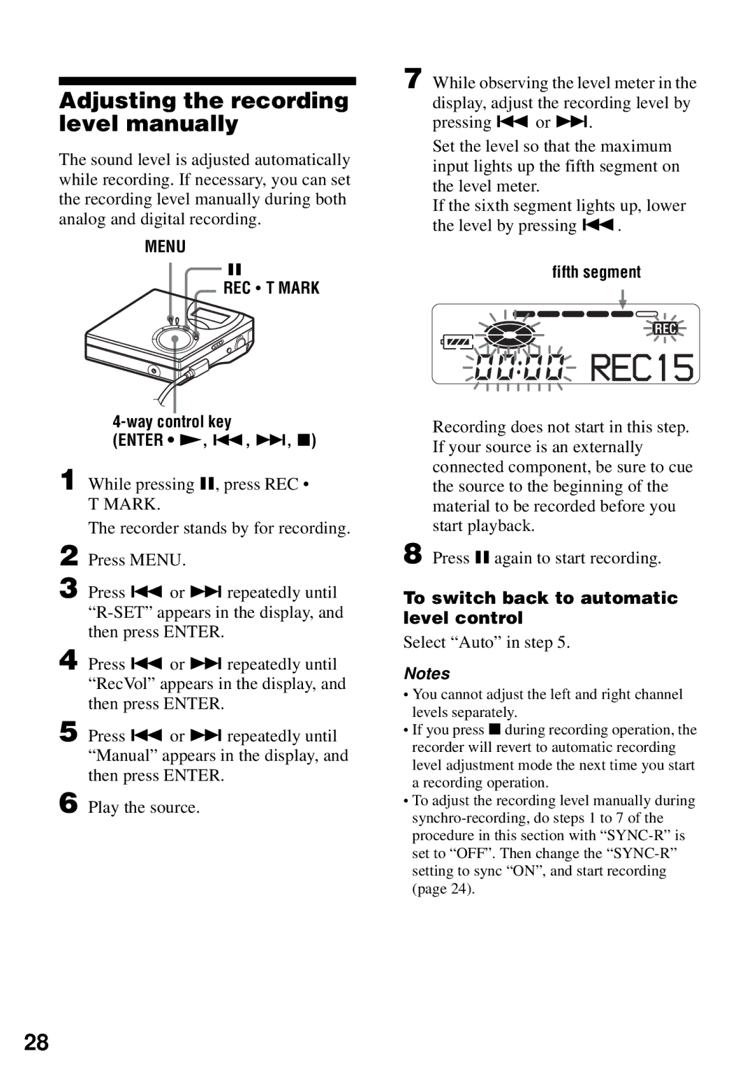 Sony MZ-N510 Adjusting the recording level manually, While pressing X, press REC, Fifth segment, Select Auto in step 