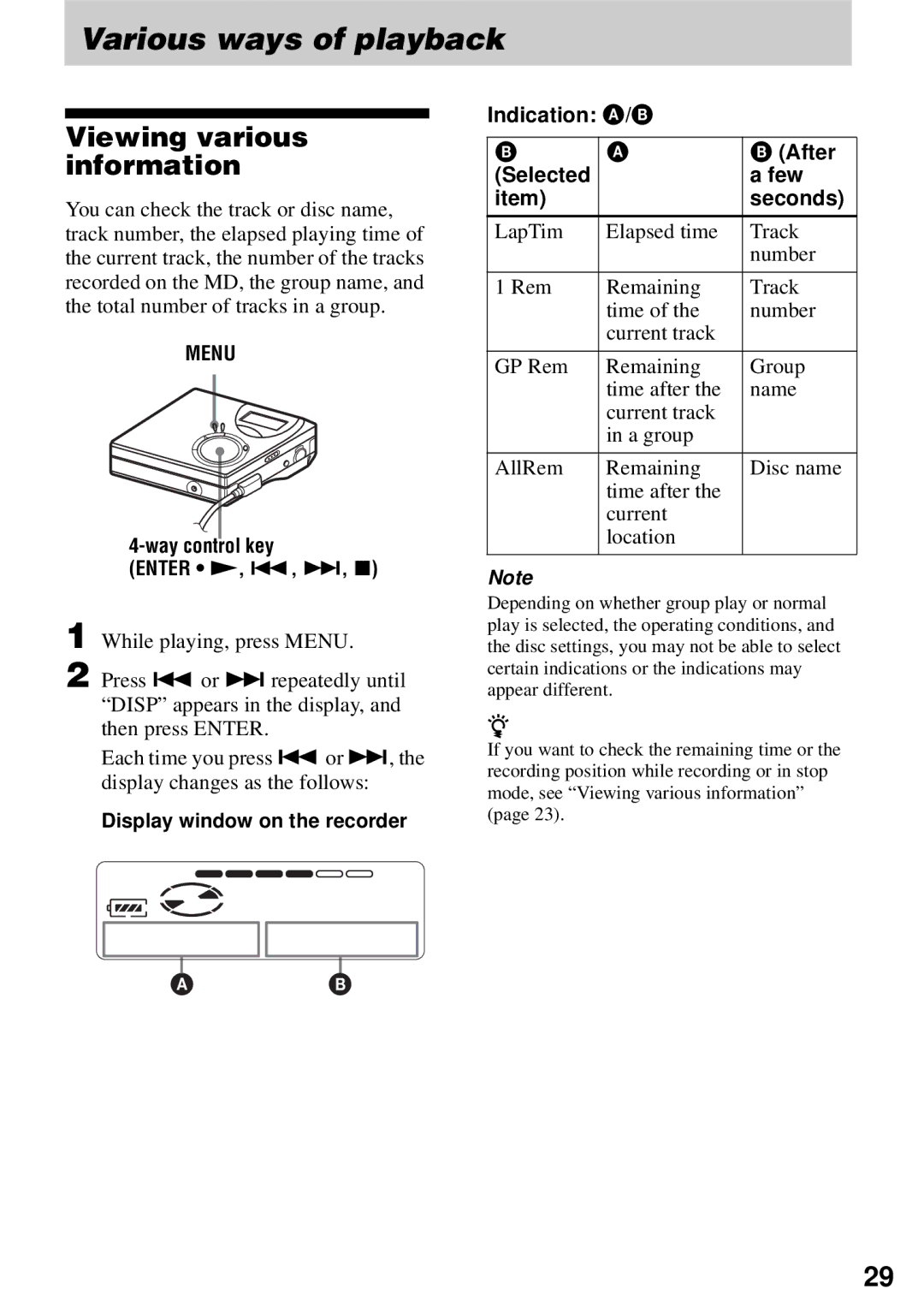 Sony MZ-N510 operating instructions Various ways of playback, Viewing various information 