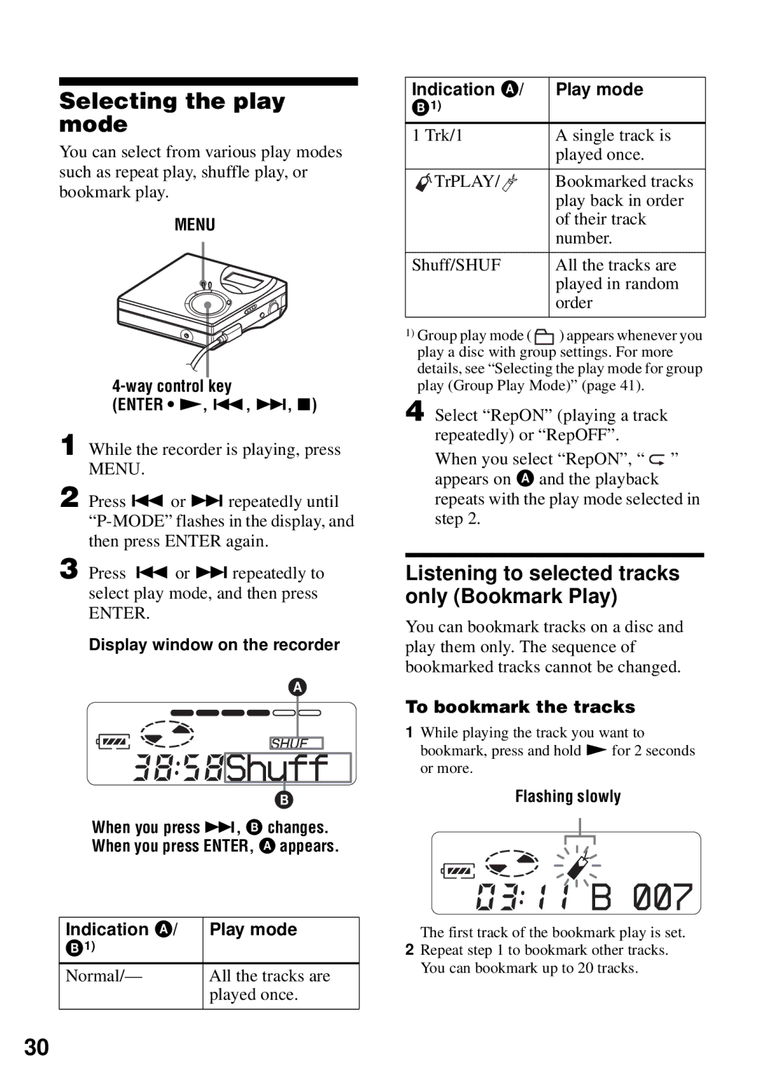 Sony MZ-N510 operating instructions Selecting the play mode, Listening to selected tracks only Bookmark Play 