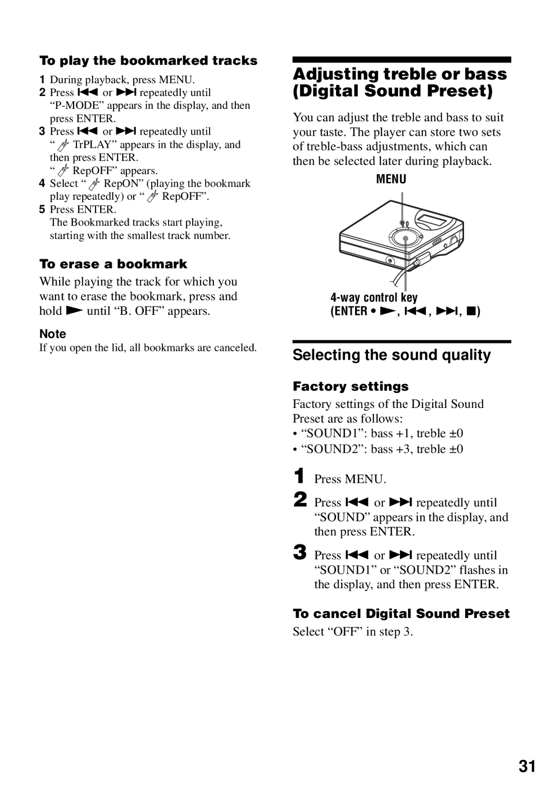 Sony MZ-N510 operating instructions Adjusting treble or bass Digital Sound Preset, Selecting the sound quality 