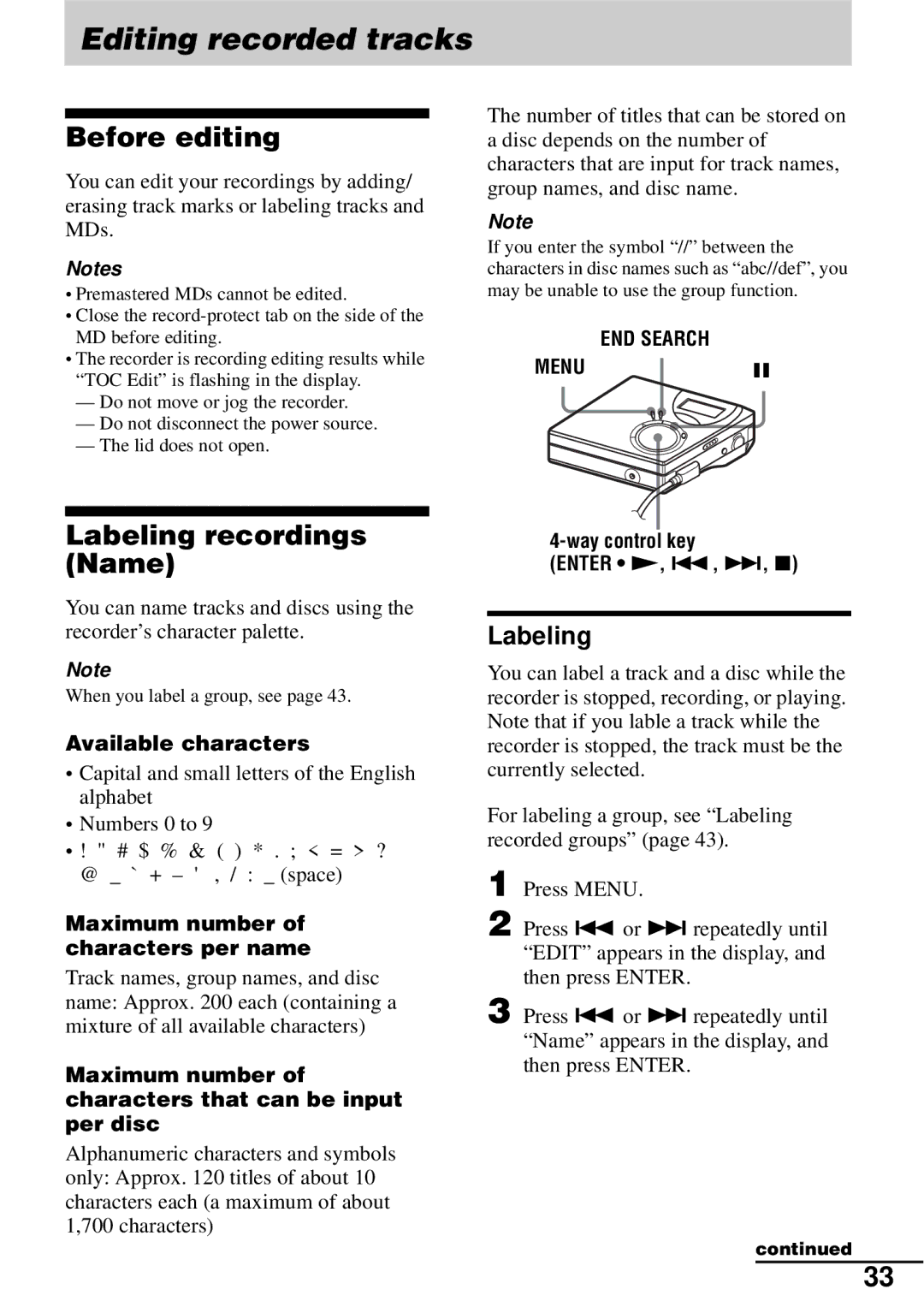 Sony MZ-N510 operating instructions Editing recorded tracks, Before editing, Labeling recordings Name 