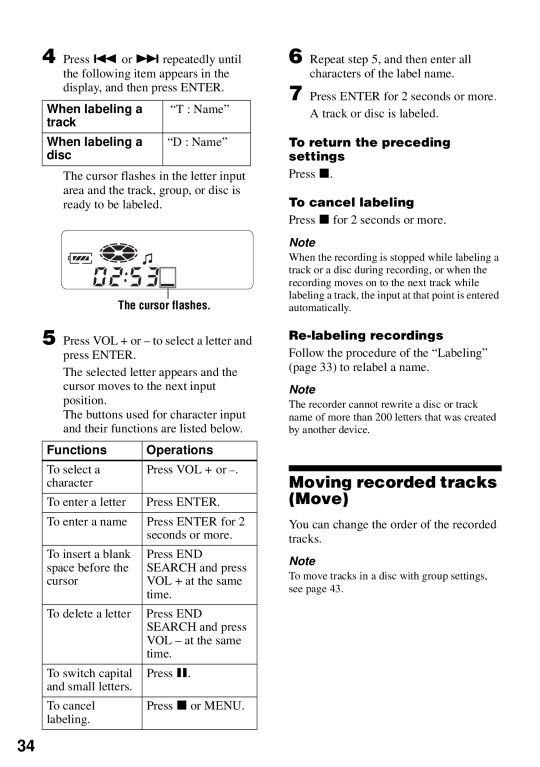 Sony MZ-N510 operating instructions Moving recorded tracks Move 