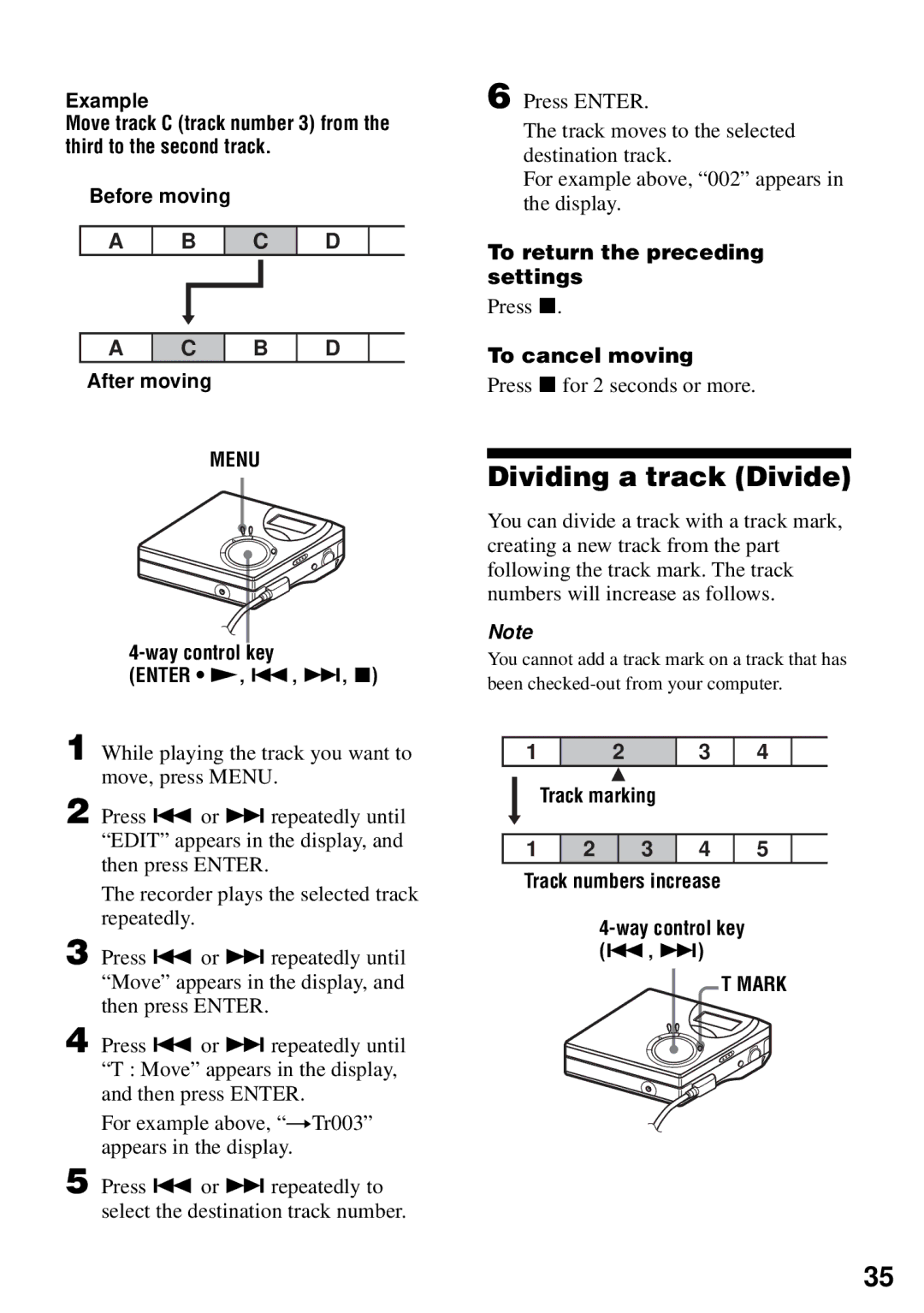 Sony MZ-N510 operating instructions Dividing a track Divide, Example, Before moving After moving, To cancel moving 