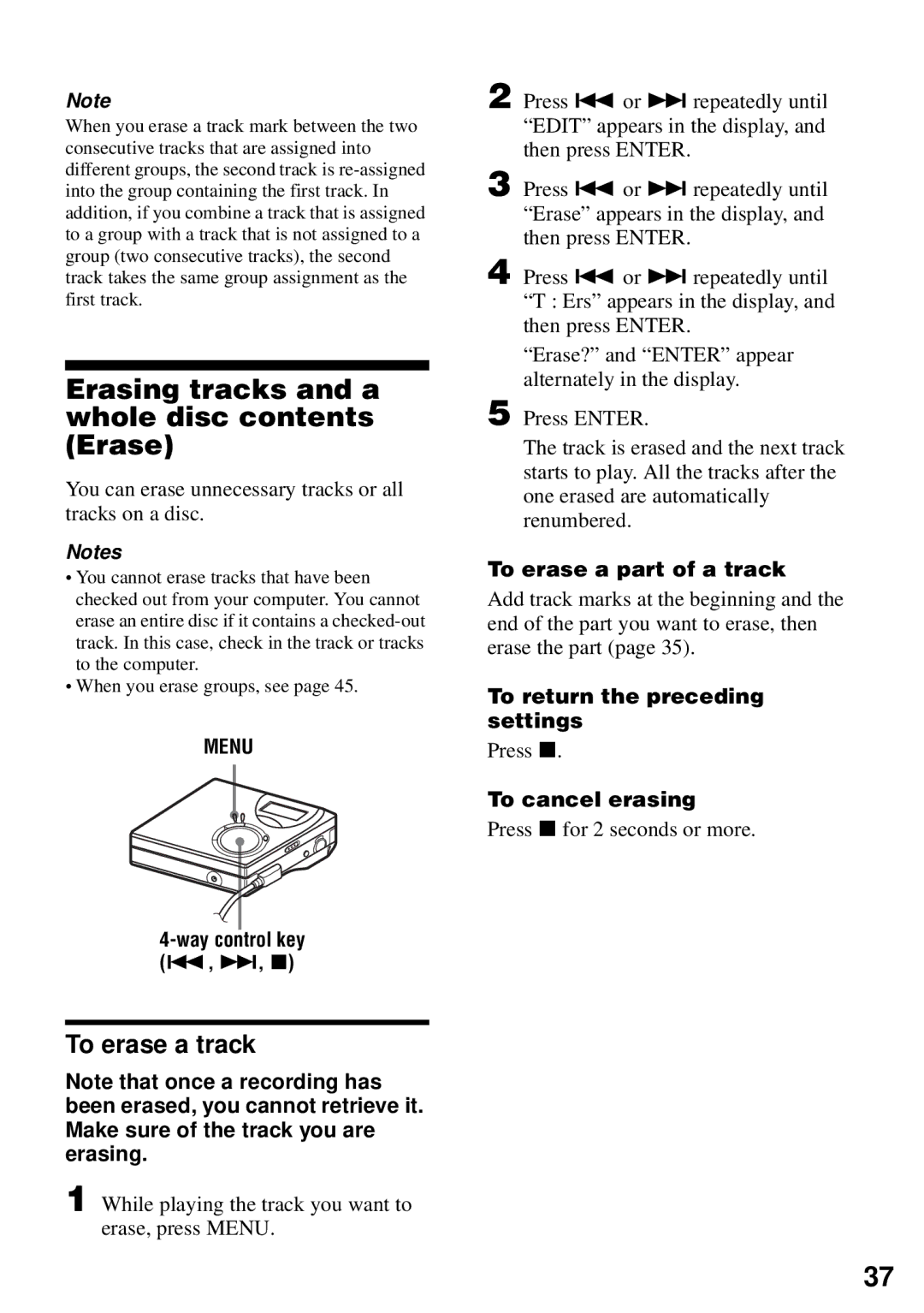 Sony MZ-N510 operating instructions Erasing tracks and a whole disc contents Erase 