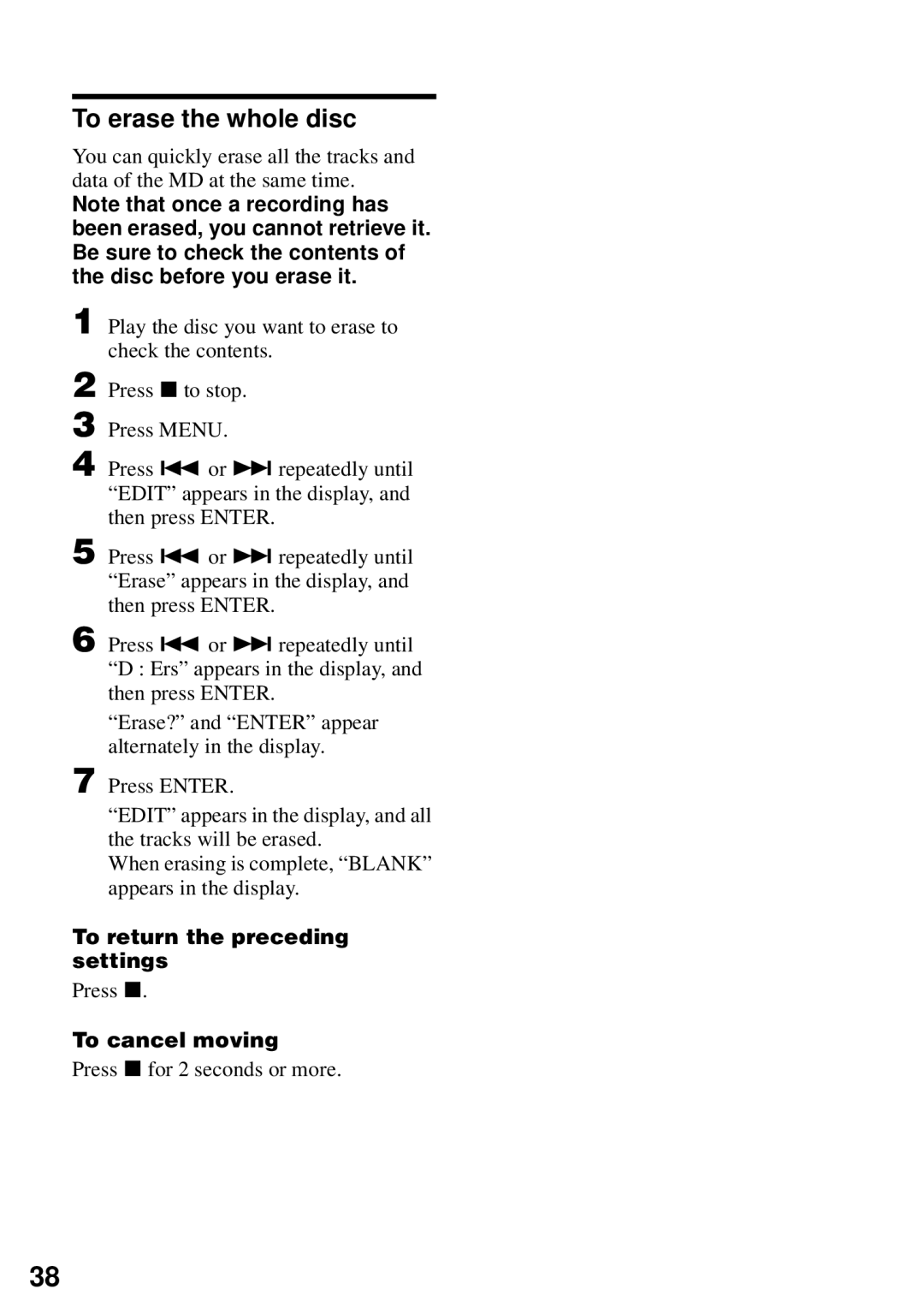 Sony MZ-N510 operating instructions To erase the whole disc, To cancel moving 