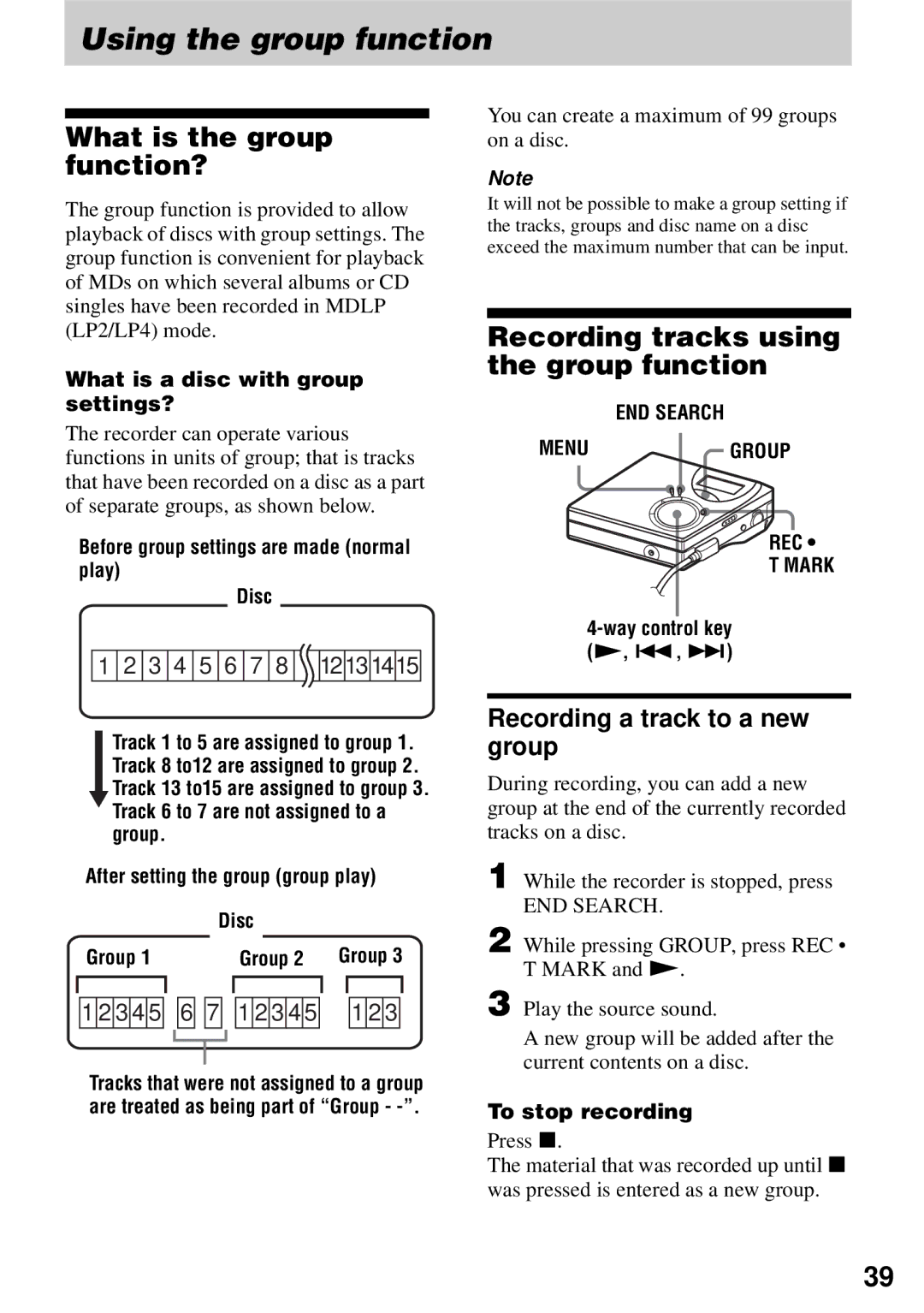 Sony MZ-N510 Using the group function, What is the group function?, Recording tracks using the group function 