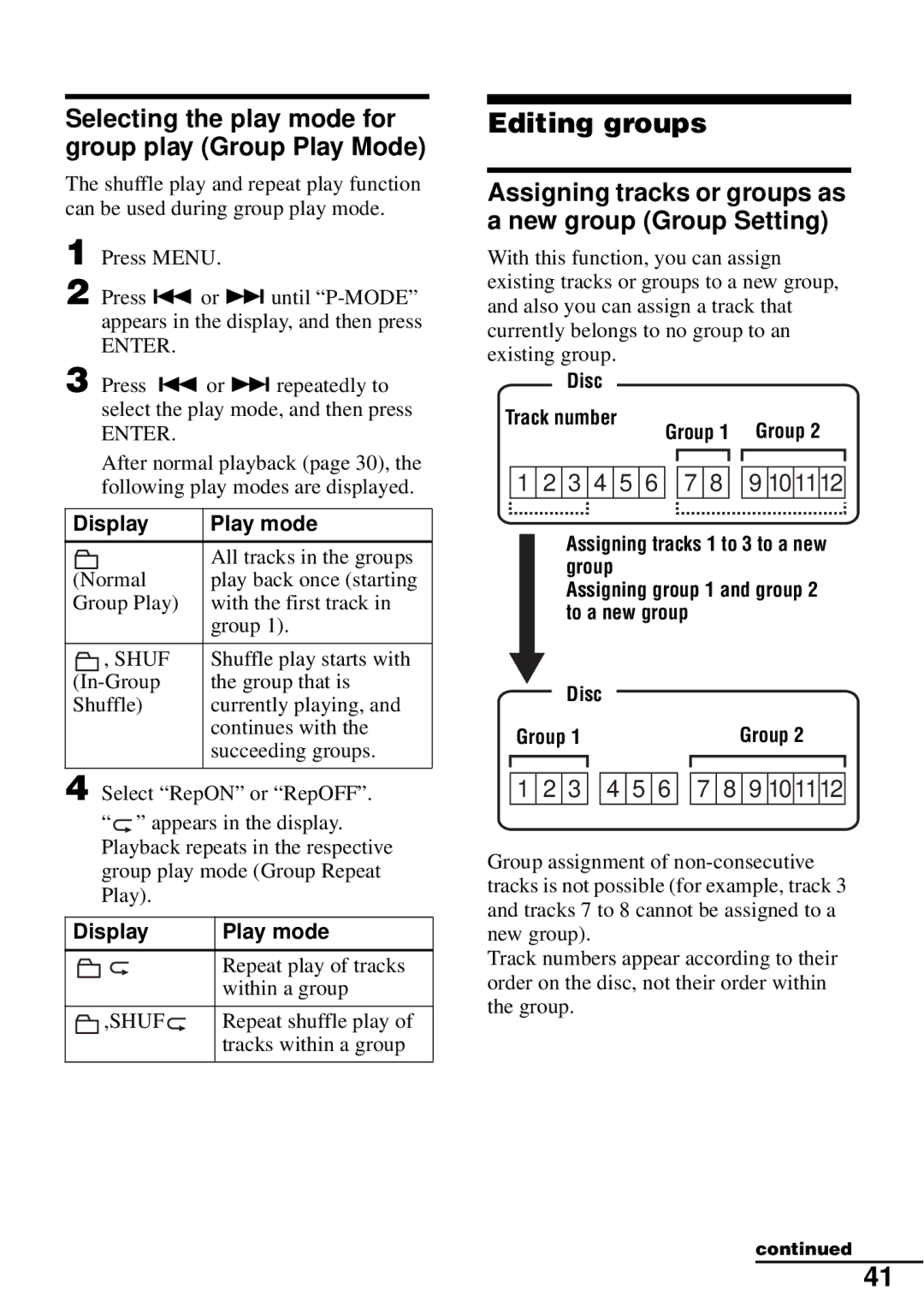 Sony MZ-N510 Editing groups, Selecting the play mode for group play Group Play Mode, Display Play mode, Shuf 