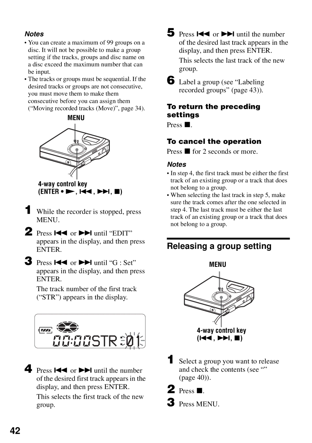 Sony MZ-N510 operating instructions Releasing a group setting, To cancel the operation 