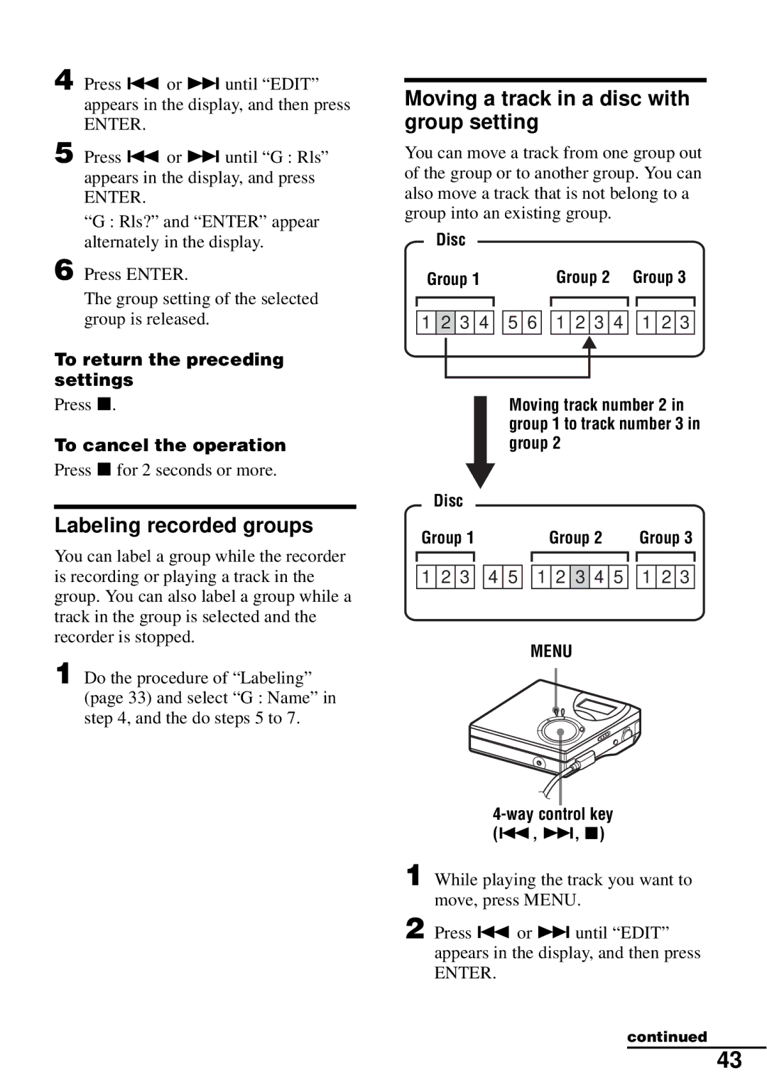 Sony MZ-N510 operating instructions Labeling recorded groups, Moving a track in a disc with group setting 