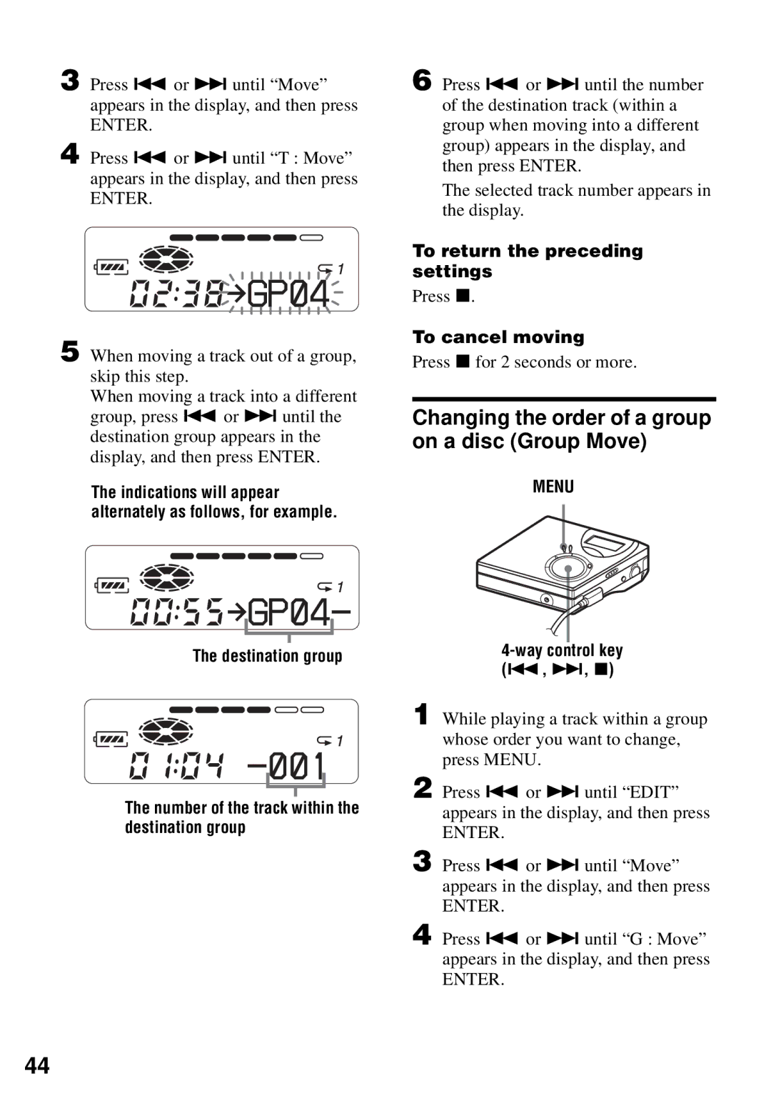 Sony MZ-N510 operating instructions Changing the order of a group on a disc Group Move, Destination group 