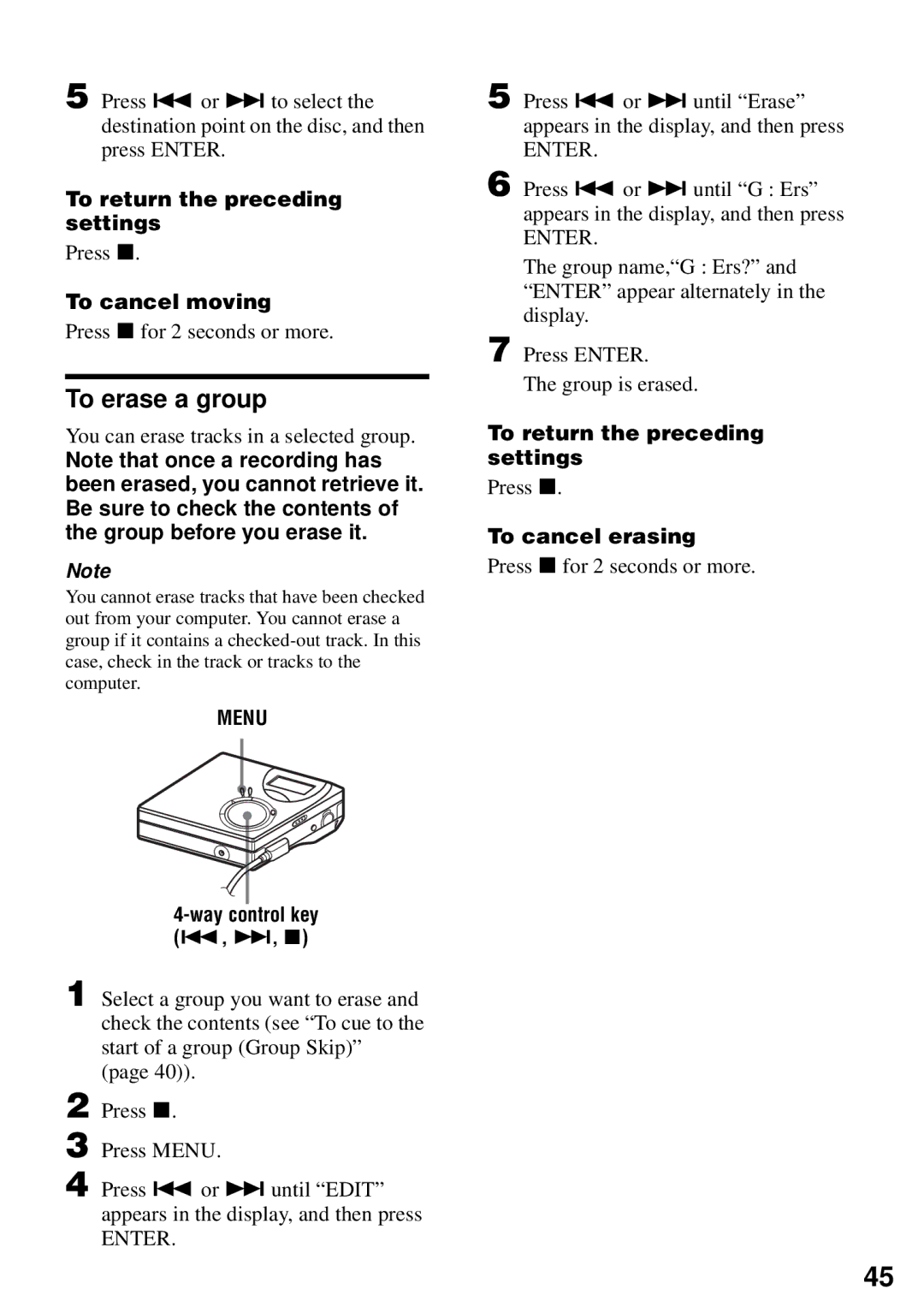 Sony MZ-N510 operating instructions To erase a group, You can erase tracks in a selected group 