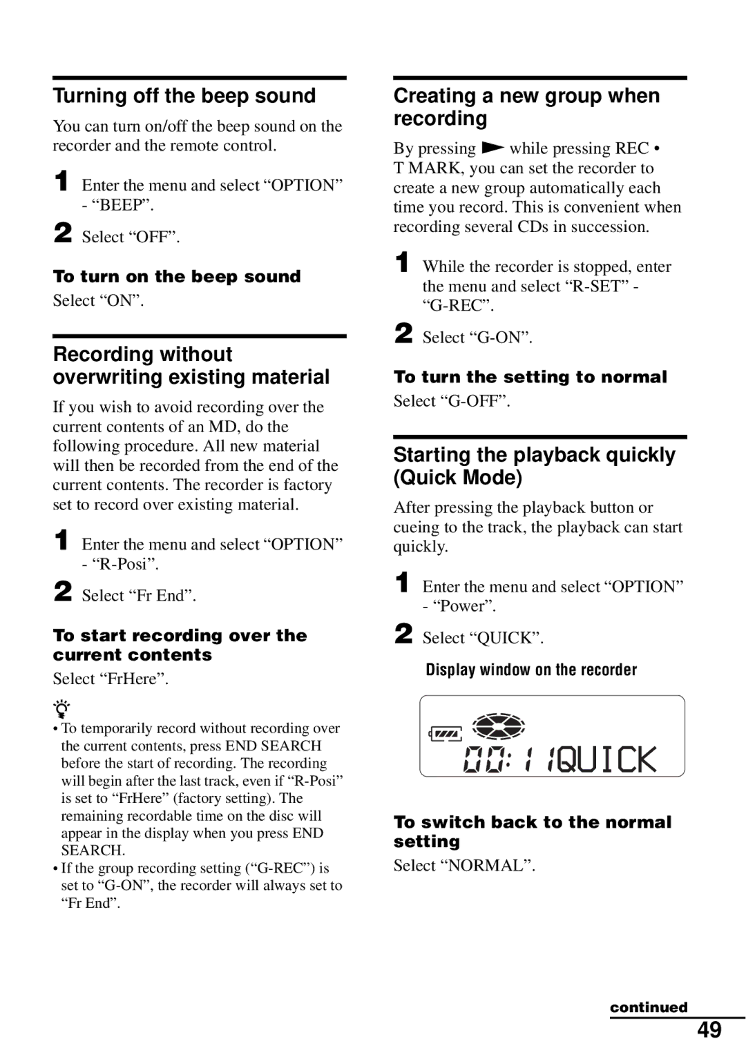 Sony MZ-N510 operating instructions Turning off the beep sound, Recording without overwriting existing material 