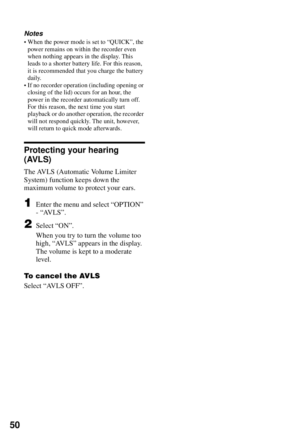 Sony MZ-N510 operating instructions Protecting your hearing Avls, To cancel the Avls, Select Avls OFF 