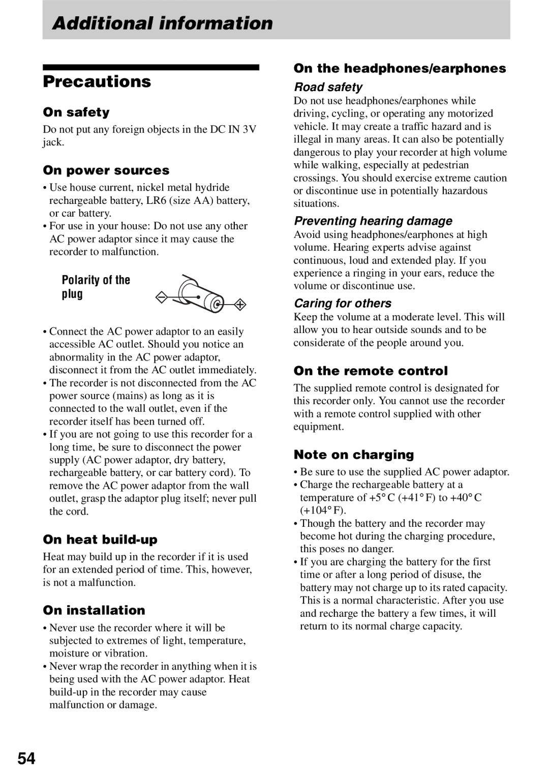 Sony MZ-N510 operating instructions Additional information, Precautions 