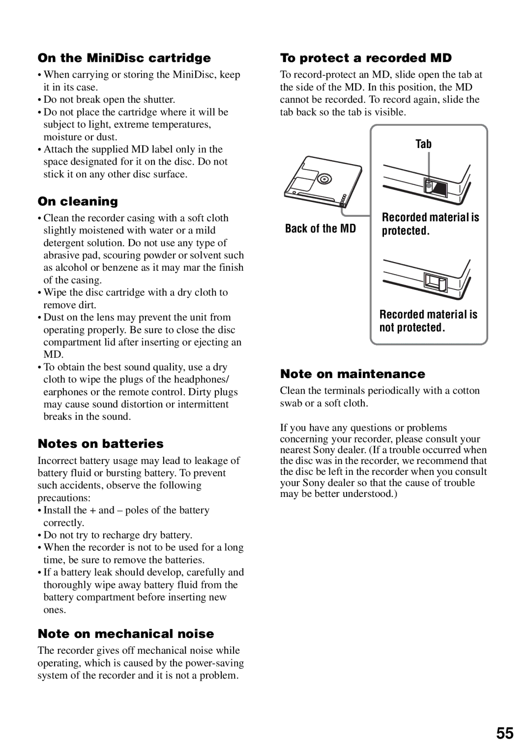 Sony MZ-N510 On the MiniDisc cartridge, On cleaning, To protect a recorded MD, Tab Back of the MD, Protected 