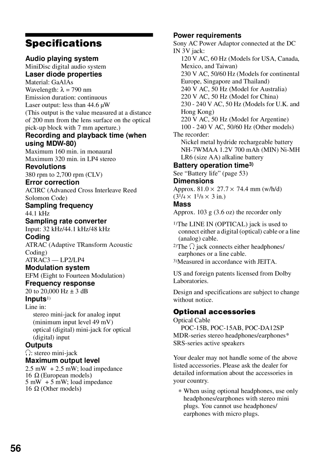 Sony MZ-N510 operating instructions Specifications 