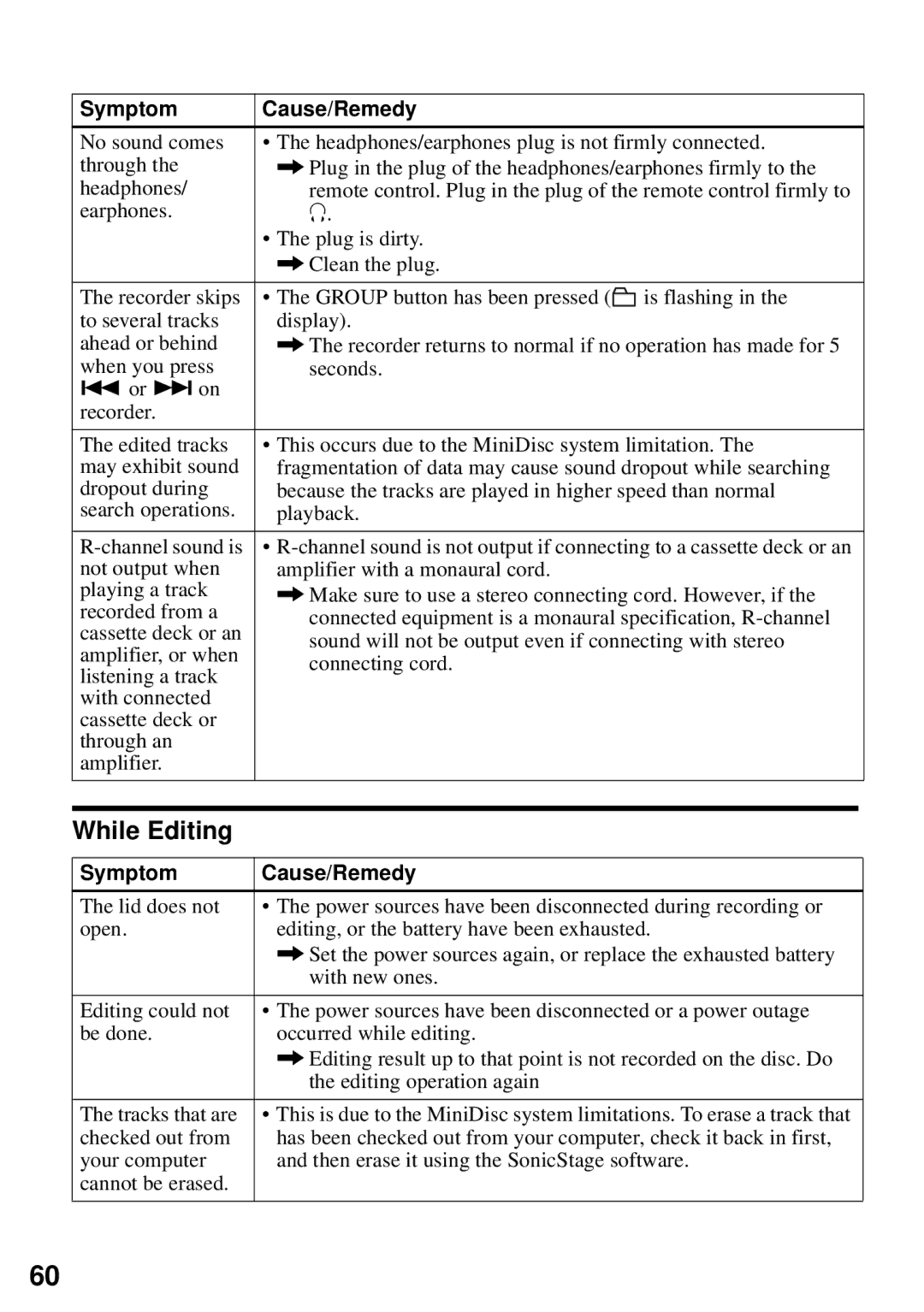 Sony MZ-N510 operating instructions While Editing 