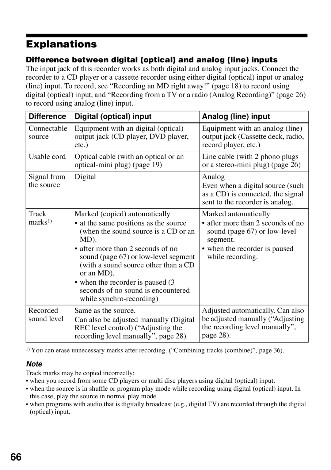 Sony MZ-N510 operating instructions Explanations, Difference between digital optical and analog line inputs 