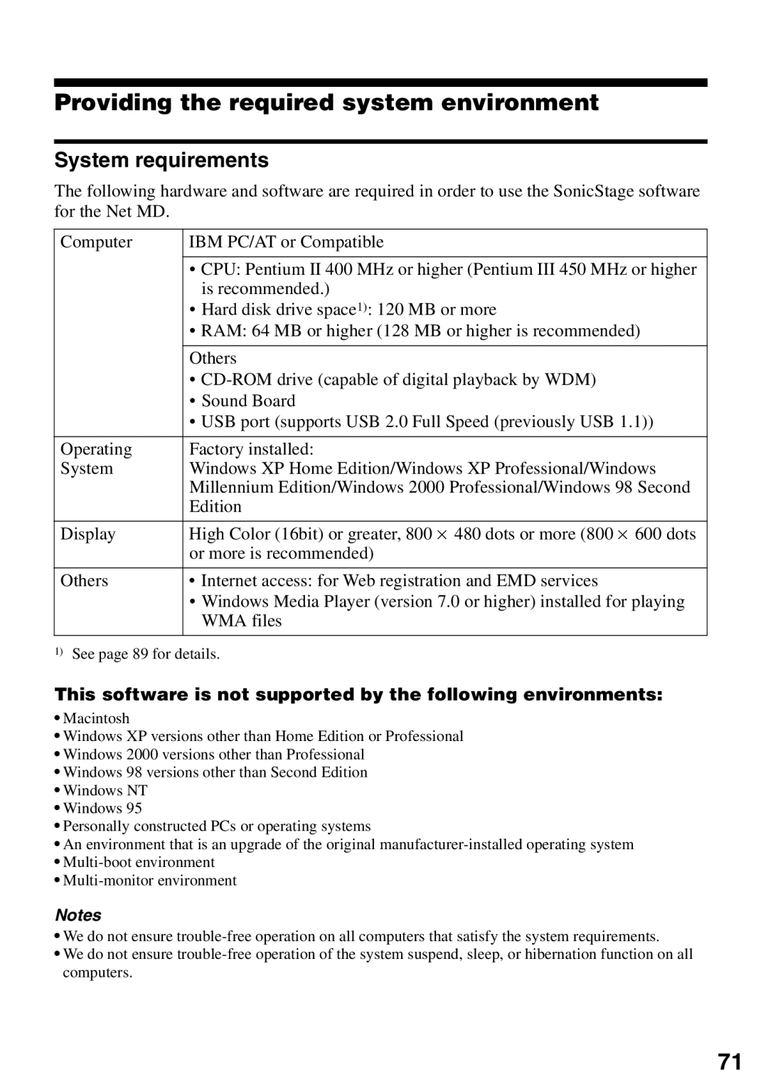 Sony MZ-N510 operating instructions Providing the required system environment, System requirements 