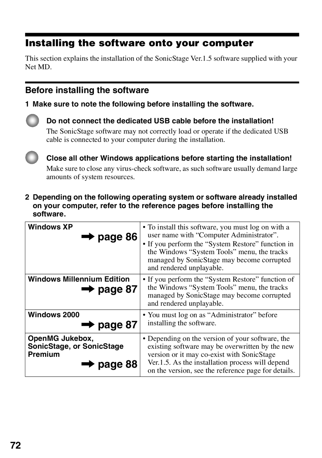 Sony MZ-N510 operating instructions Installing the software onto your computer, Before installing the software 