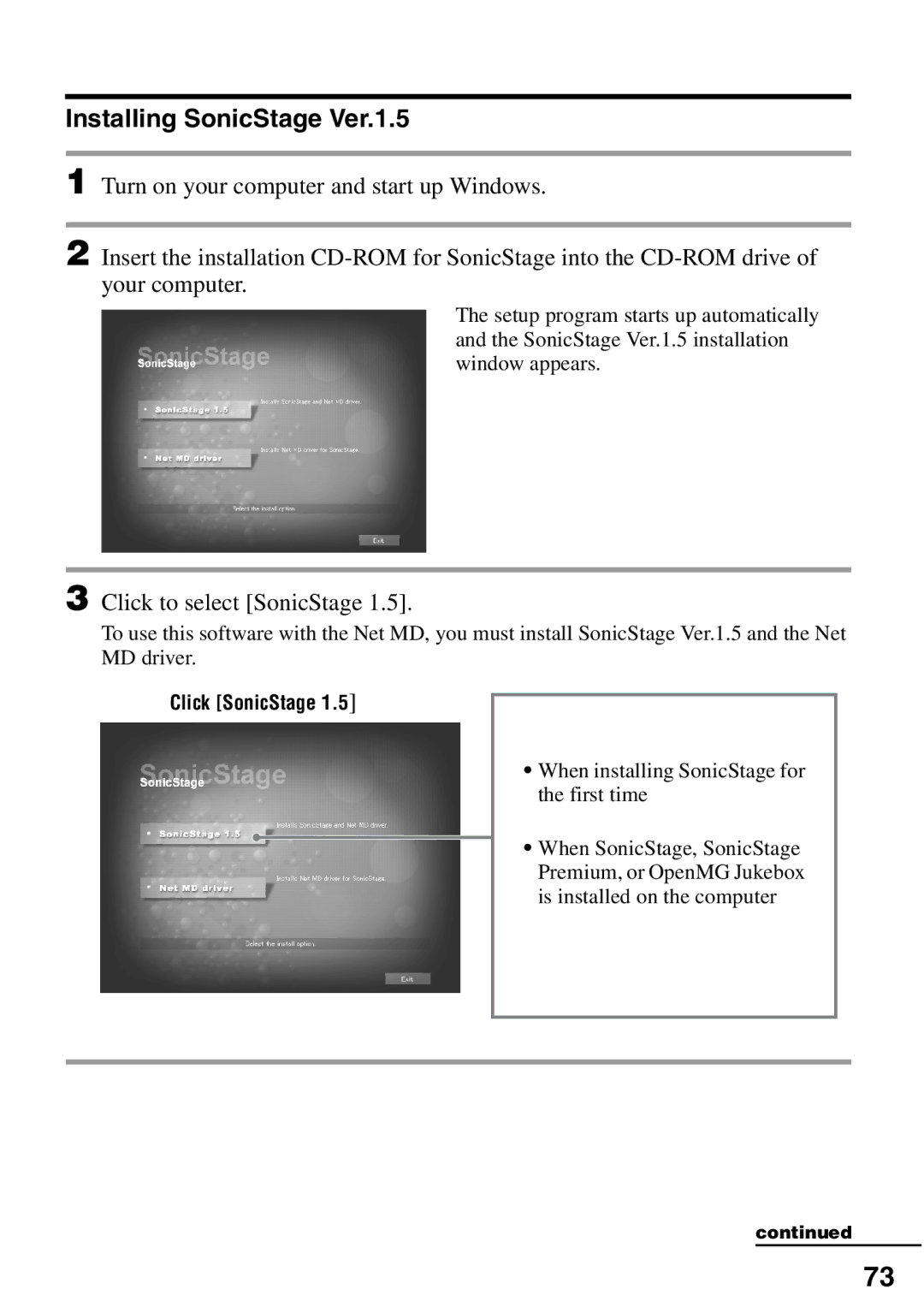 Sony MZ-N510 operating instructions Installing SonicStage Ver.1.5, Click SonicStage 