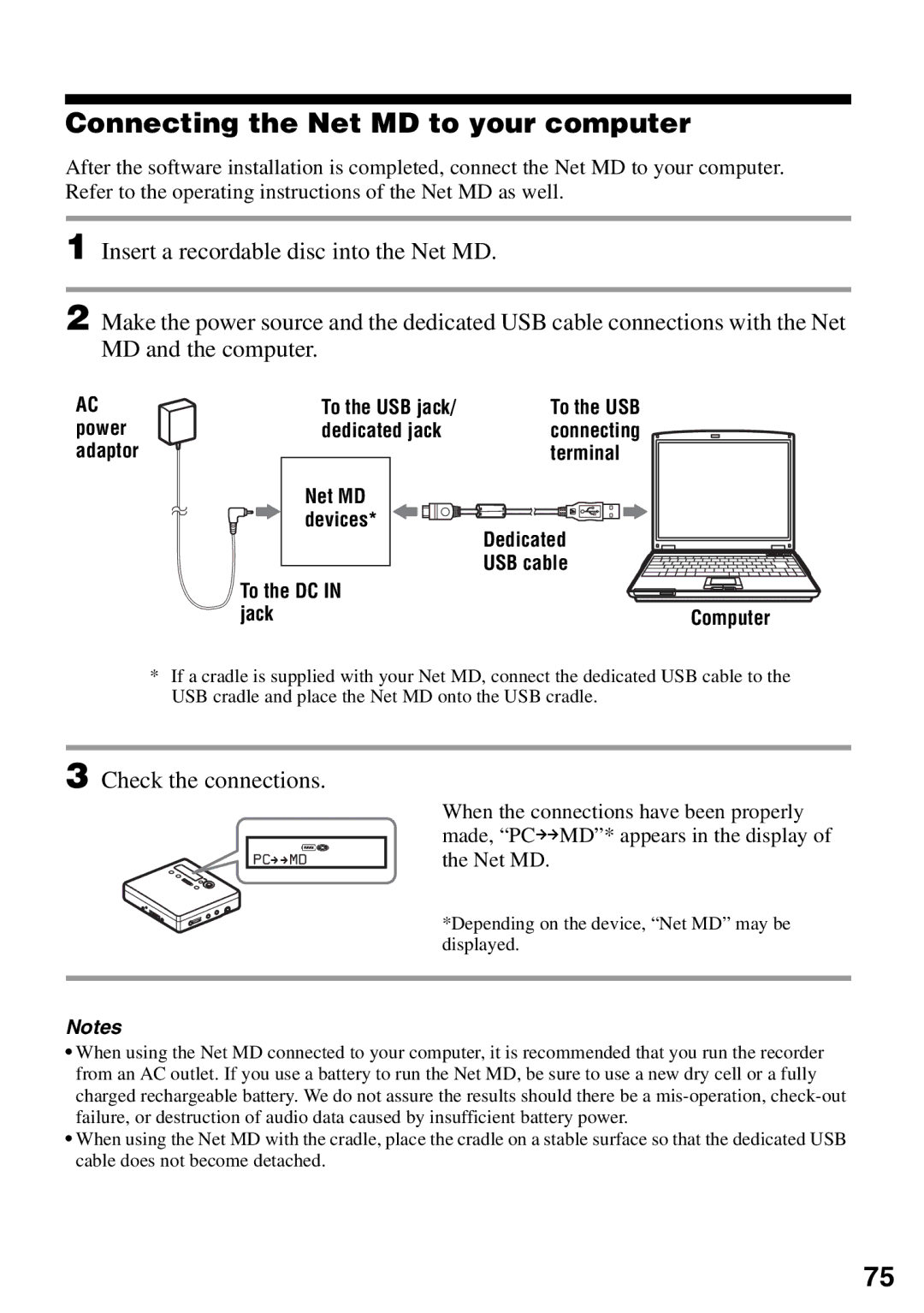 Sony MZ-N510 operating instructions Connecting the Net MD to your computer, To the USB jack, Power Dedicated jack 