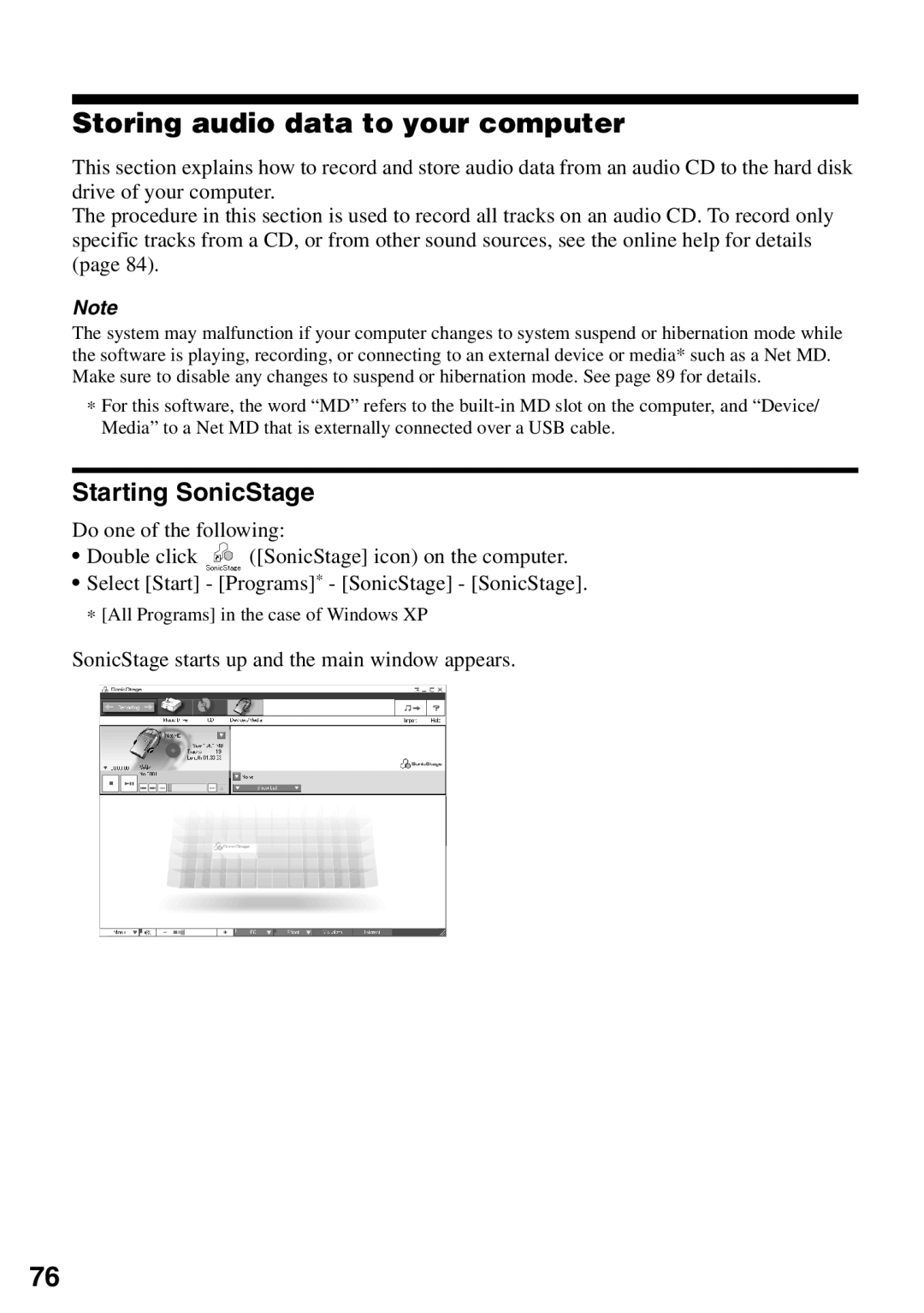 Sony MZ-N510 Storing audio data to your computer, Starting SonicStage, SonicStage starts up and the main window appears 