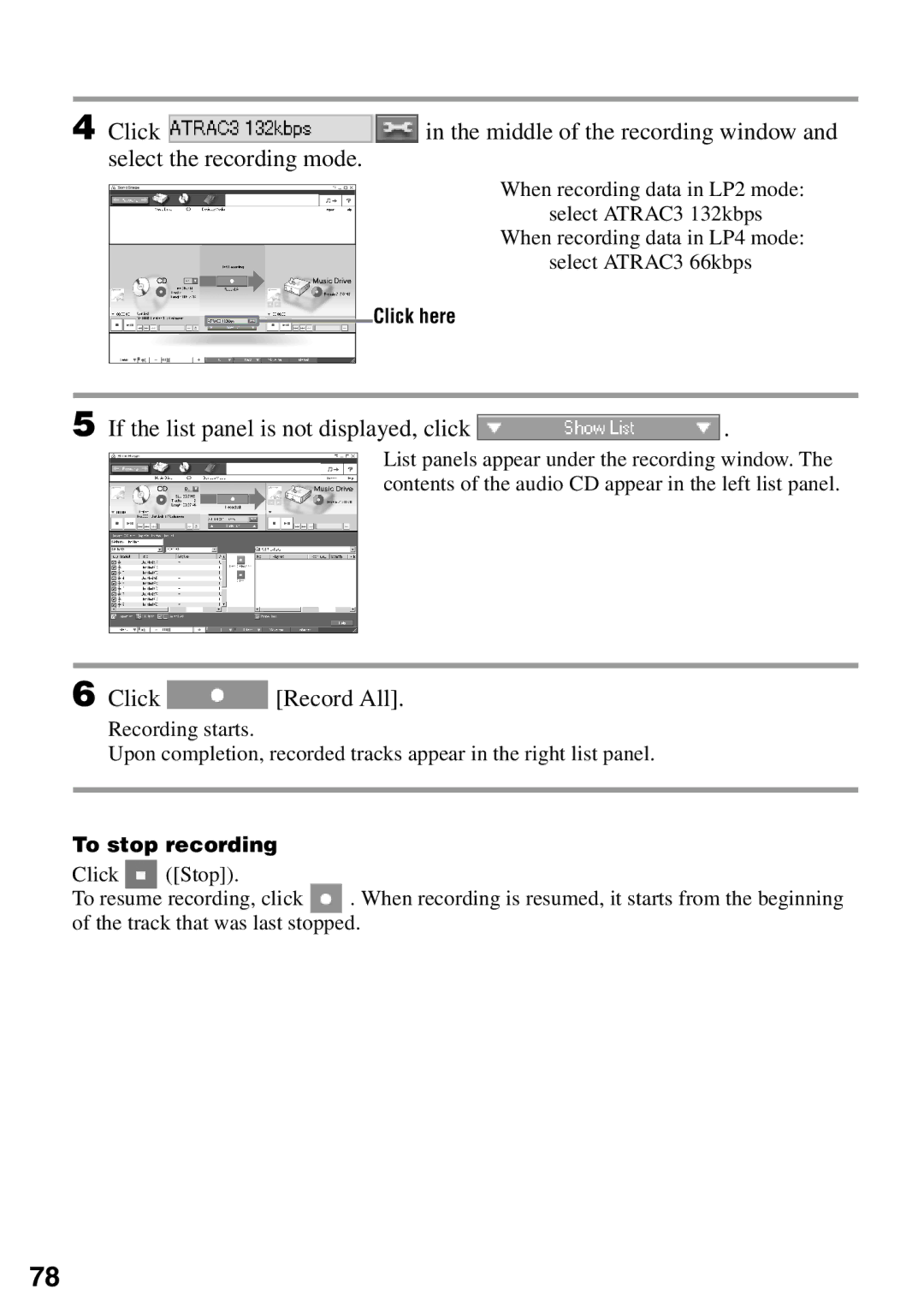 Sony MZ-N510 operating instructions If the list panel is not displayed, click, Click here 