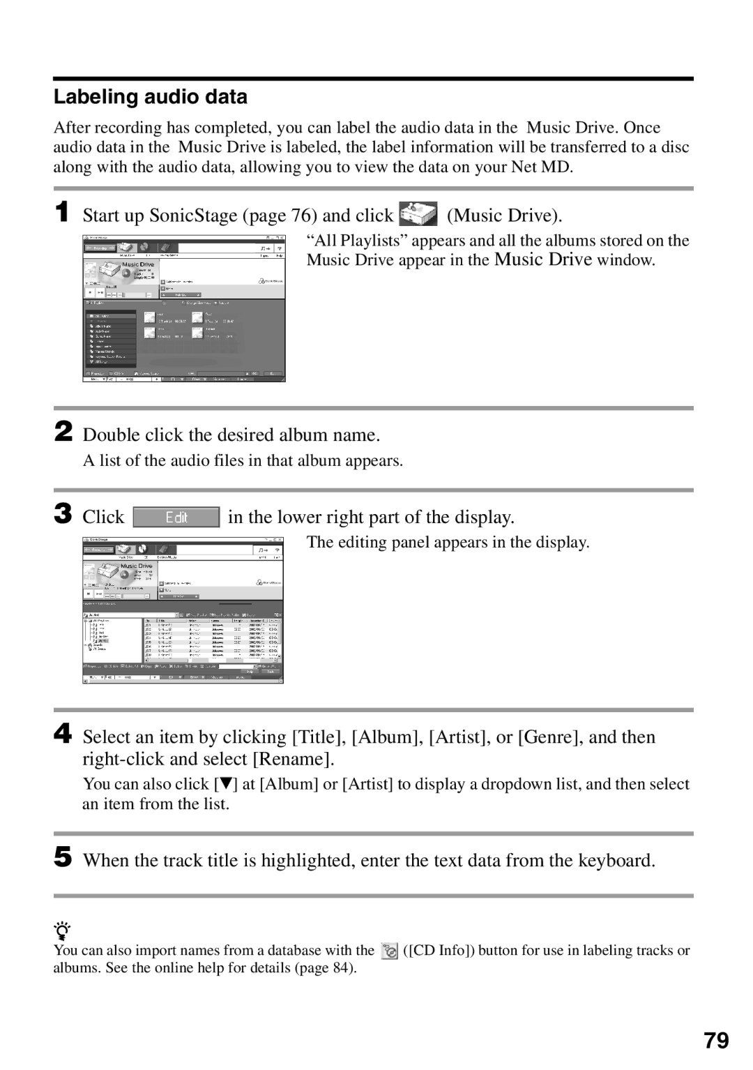 Sony MZ-N510 Labeling audio data, List of the audio files in that album appears, Editing panel appears in the display 