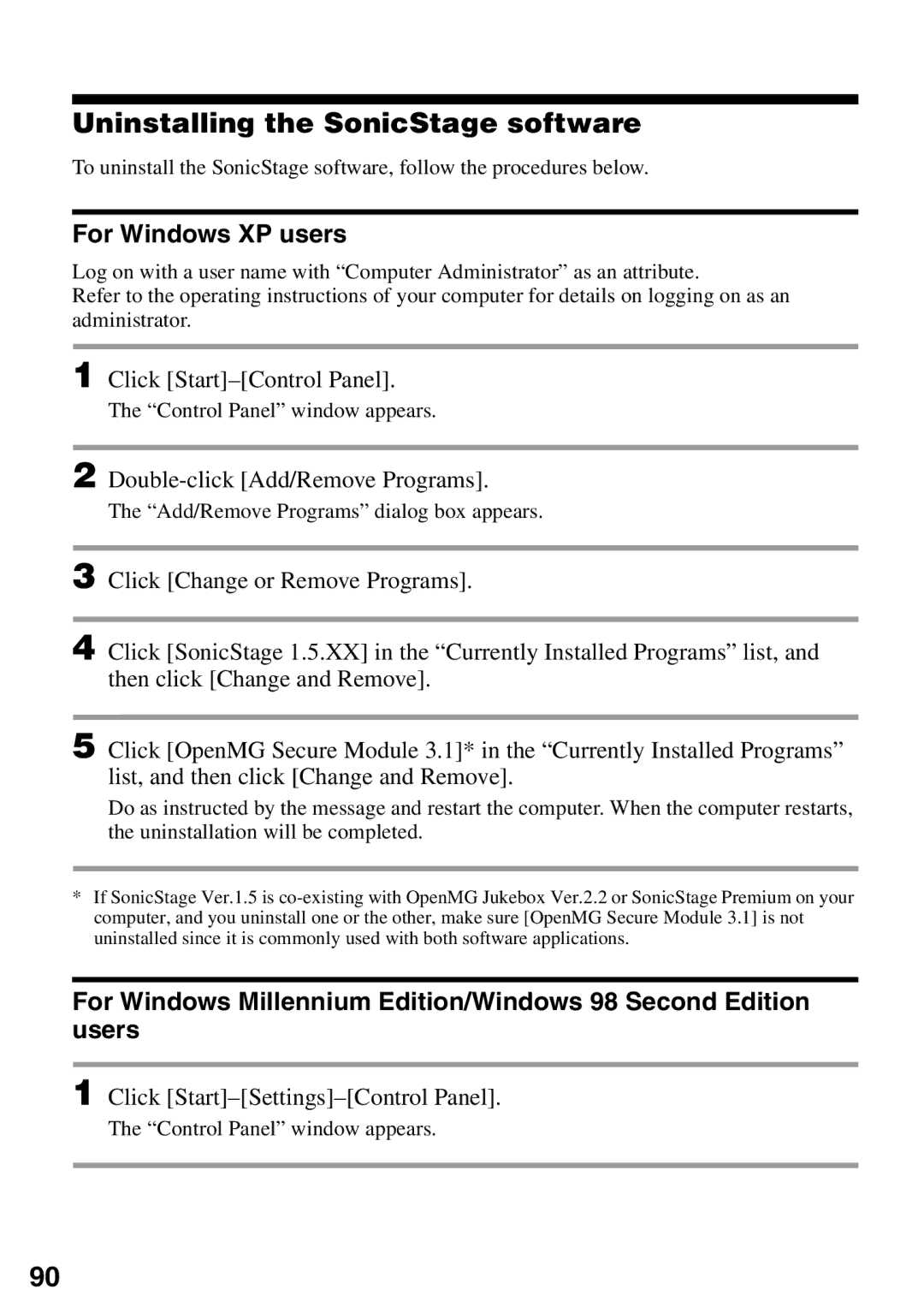 Sony MZ-N510 Uninstalling the SonicStage software, For Windows XP users, Control Panel window appears 