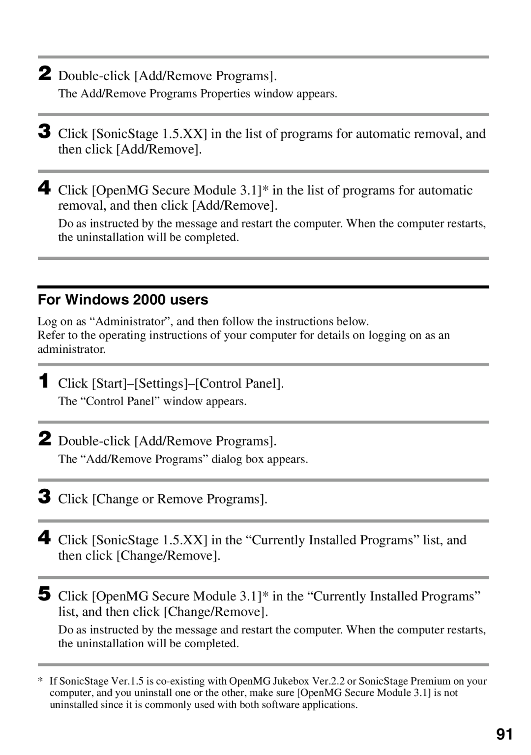 Sony MZ-N510 operating instructions For Windows 2000 users, Add/Remove Programs Properties window appears 