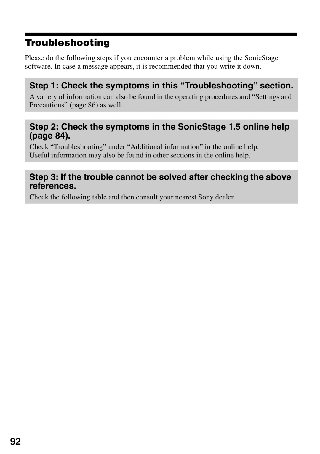 Sony MZ-N510 Check the symptoms in this Troubleshooting section, Check the symptoms in the SonicStage 1.5 online help 