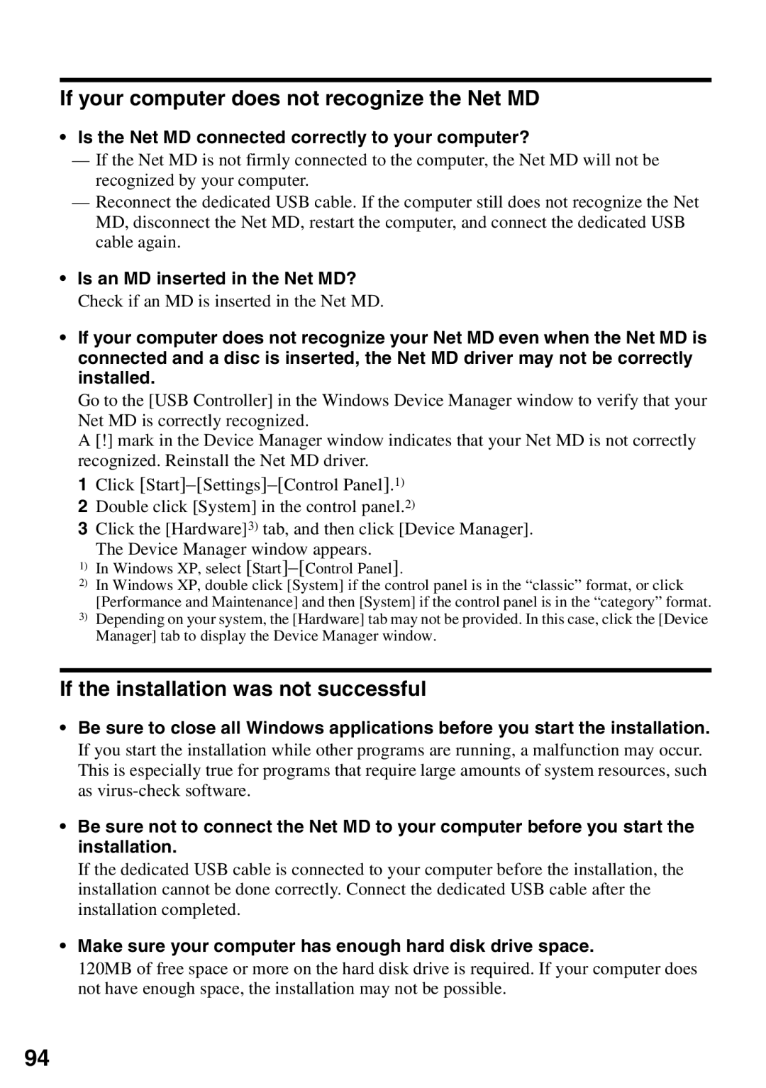 Sony MZ-N510 operating instructions If your computer does not recognize the Net MD, If the installation was not successful 